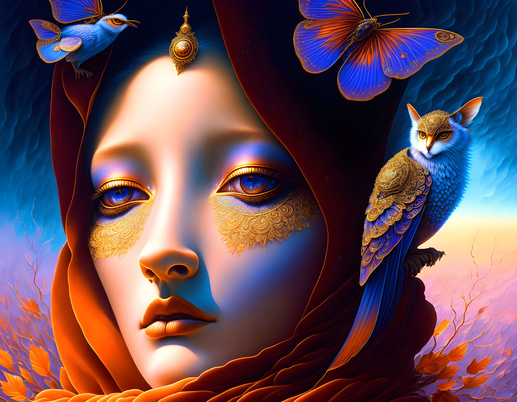 Colorful digital artwork: Woman with blue eyes, gold facial adornments, owl, butterflies, and