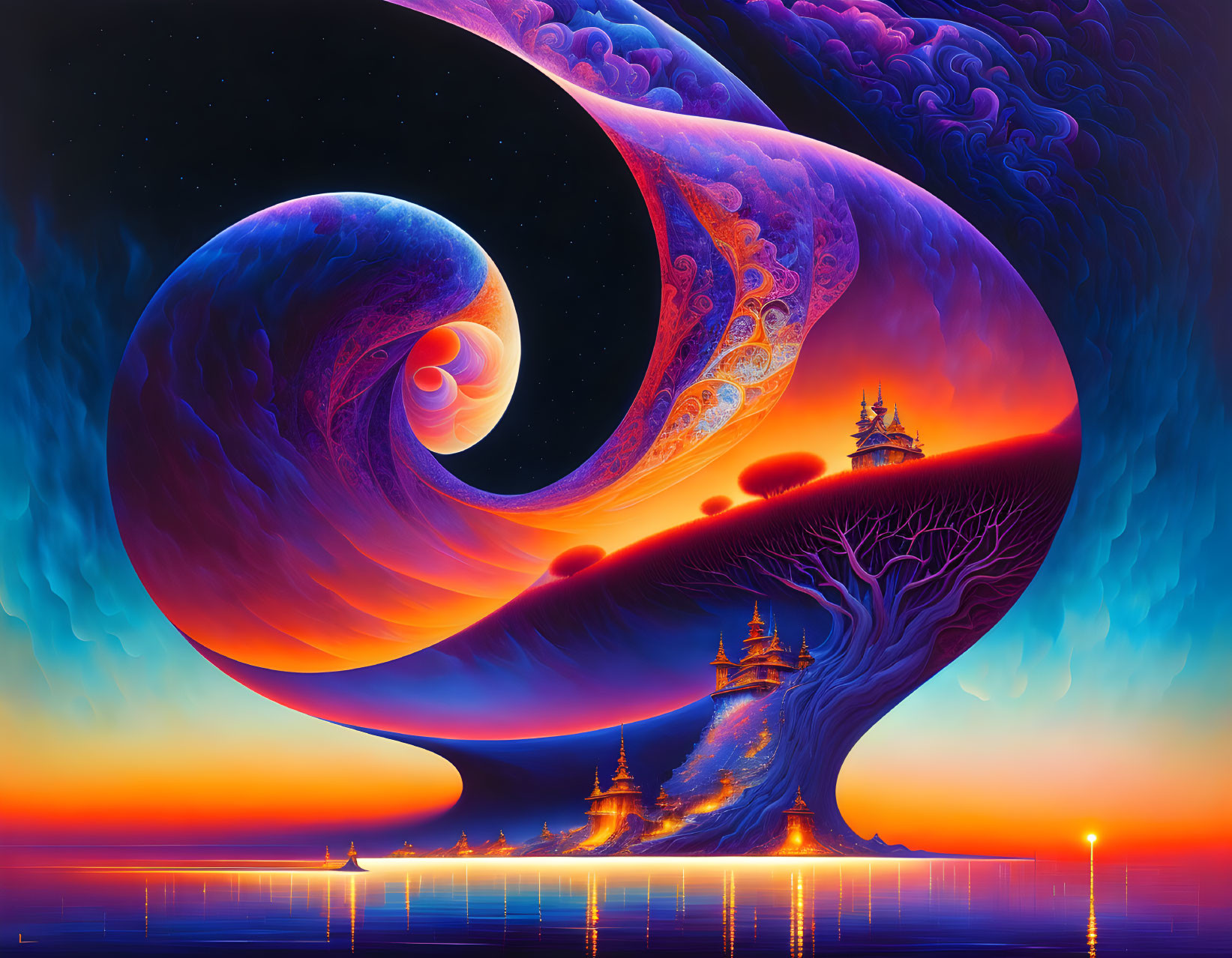 Surrealist landscape with cosmic structures, luminous trees, and floating temples