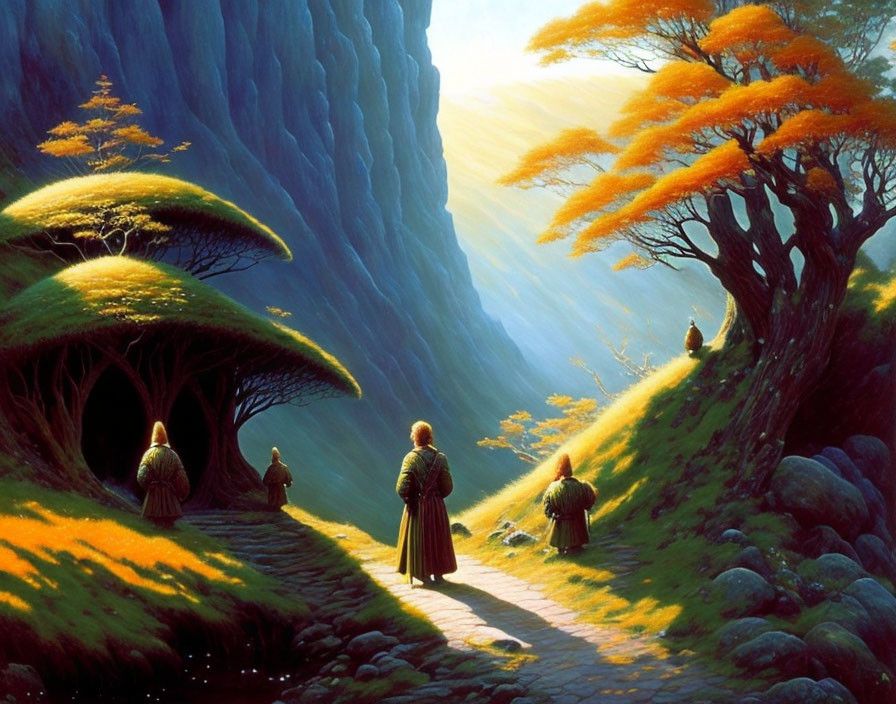 Fantasy landscape with path, orange trees, and hobbit-like figures