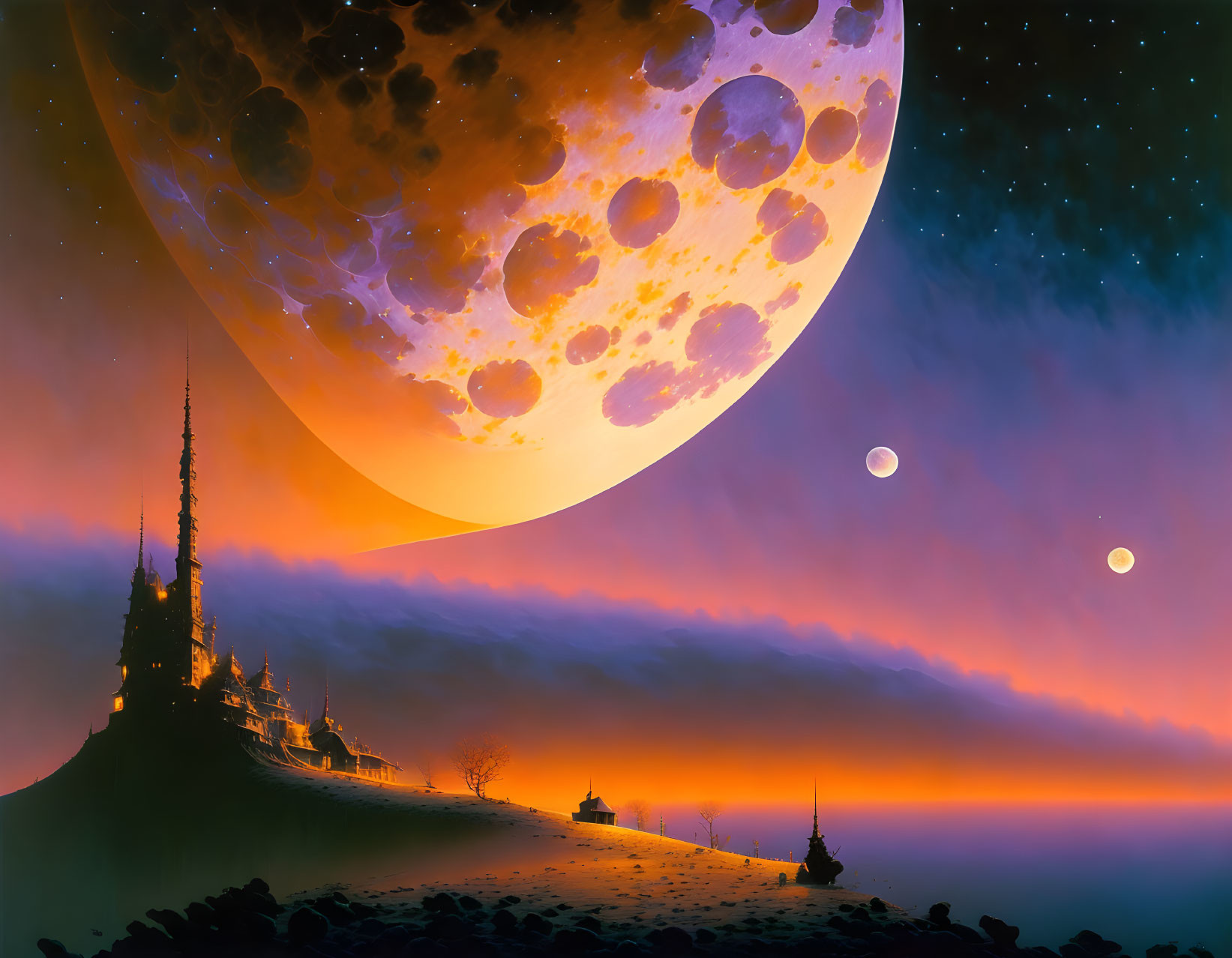 Fantastical landscape at dusk with moon, stars, and spires on hill