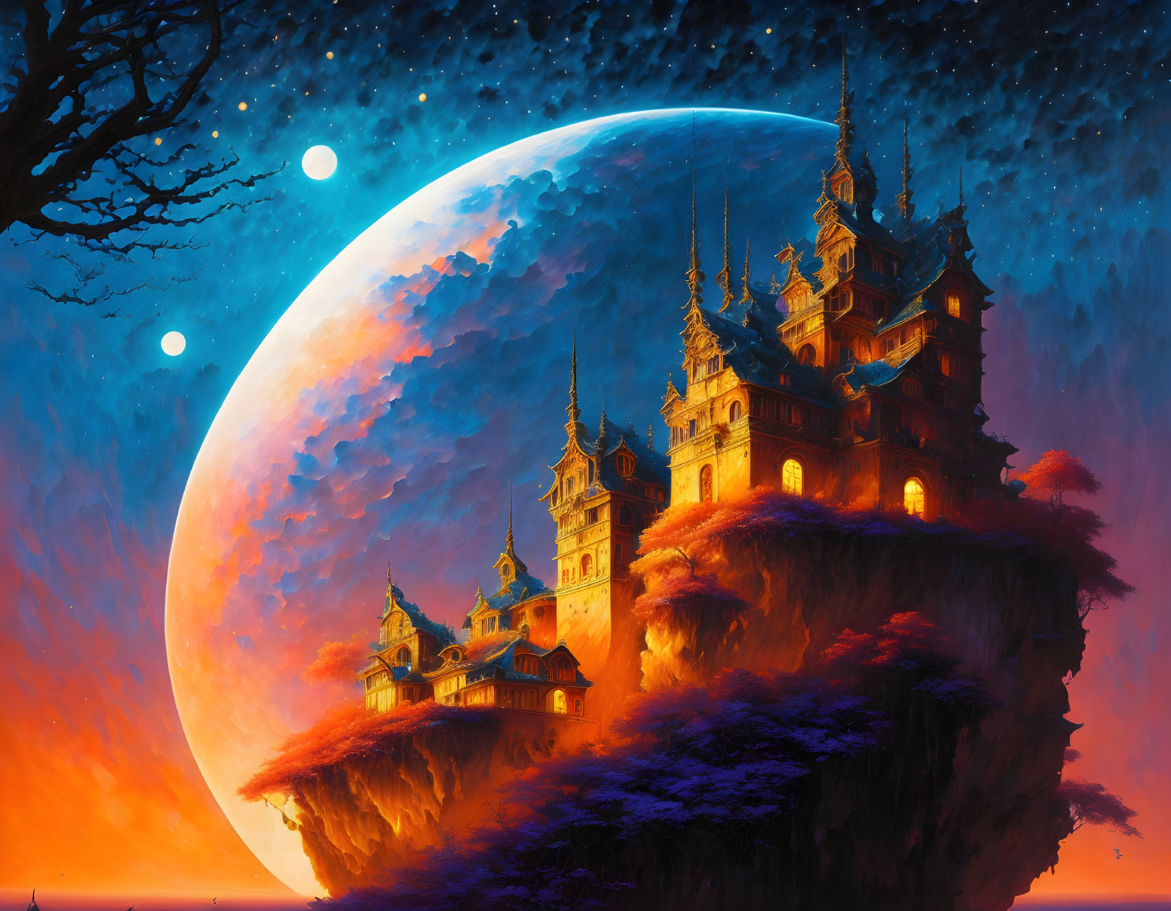 Fantastical castle on floating island under giant moon and stars