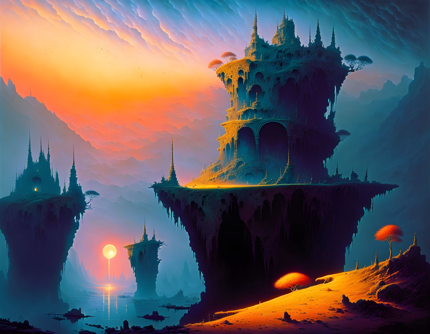 Fantastical landscape with floating islands and majestic castles under vibrant sunset sky