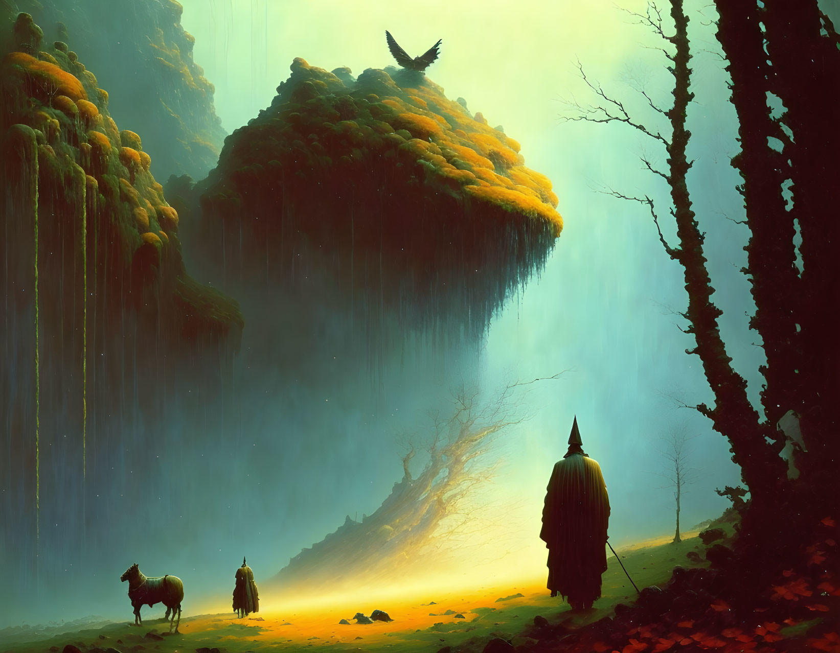 Cloaked figure with horses under towering cliff and ethereal sky