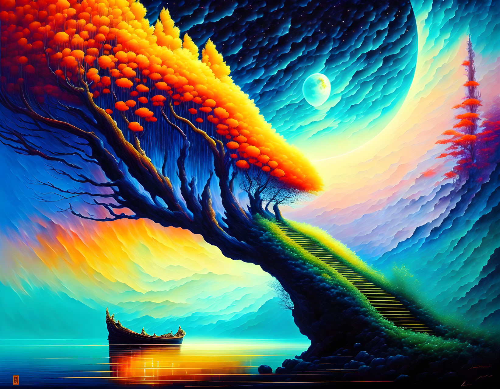 Scenic artwork: Orange tree canopy, hill steps, boat on lake under starry sky