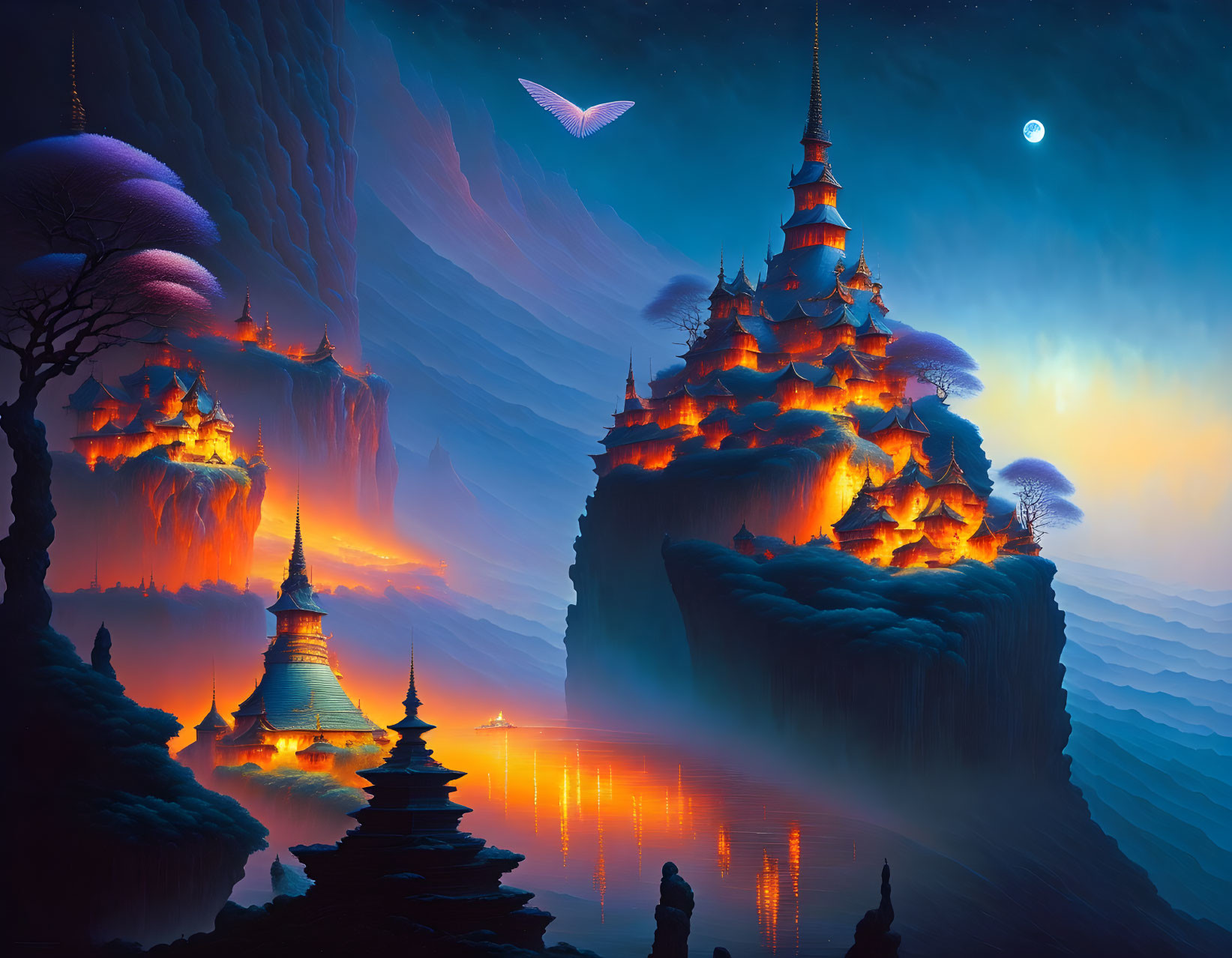 Mystical night landscape with floating mountains, pagodas, crescent moon, and figure by