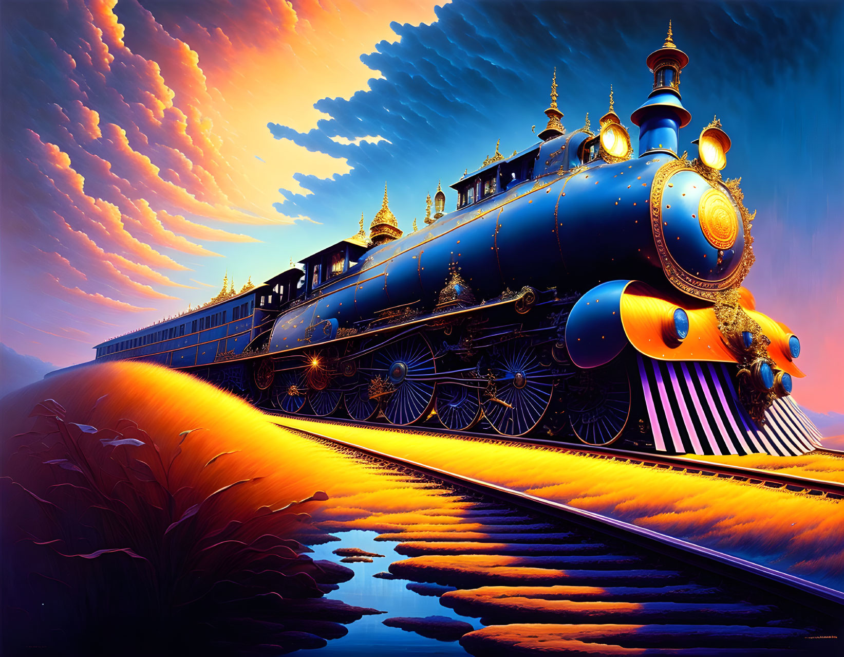 Vintage train with ornate details under vibrant sunset sky