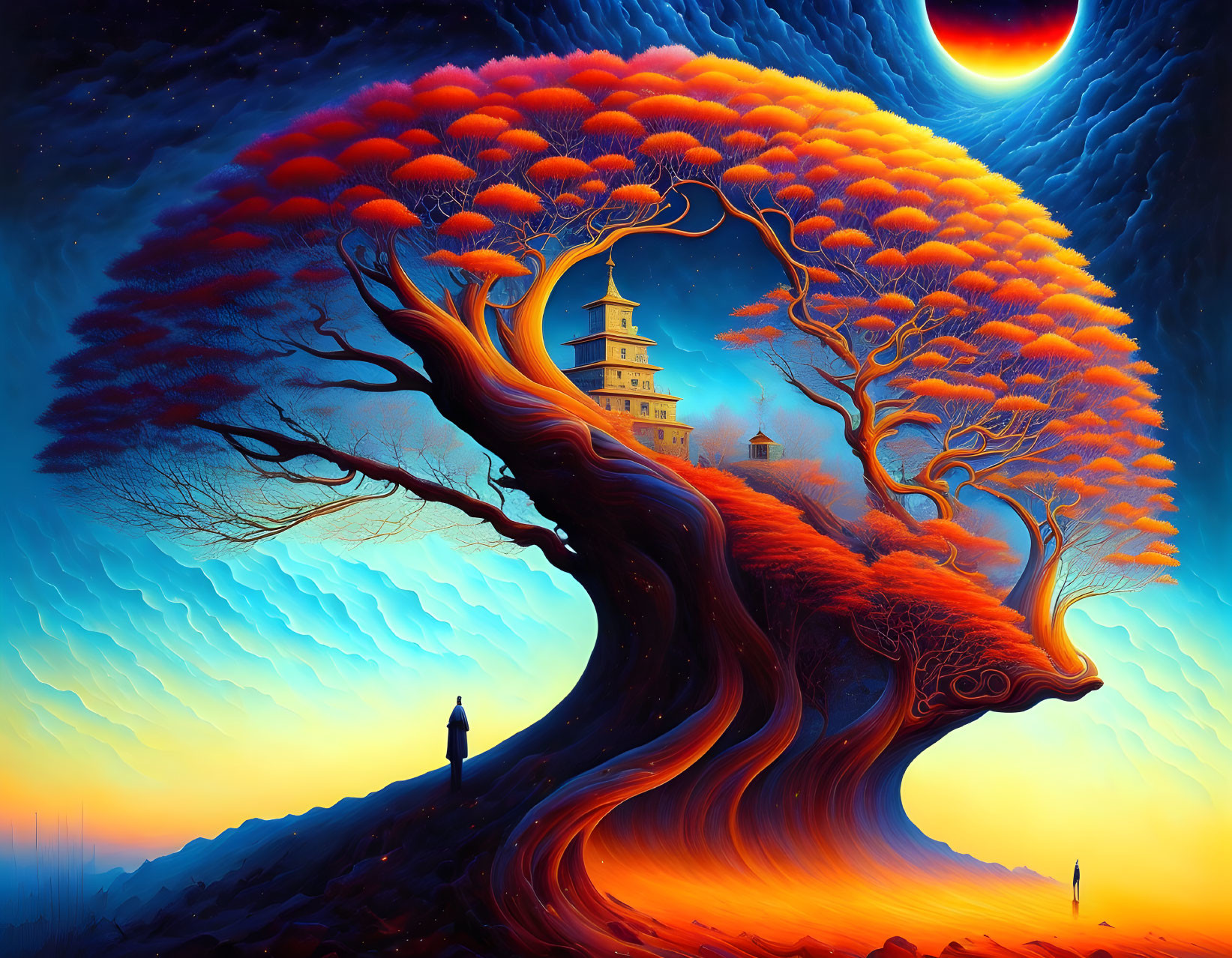 Surreal landscape with massive twisting tree and pagoda under starry sky