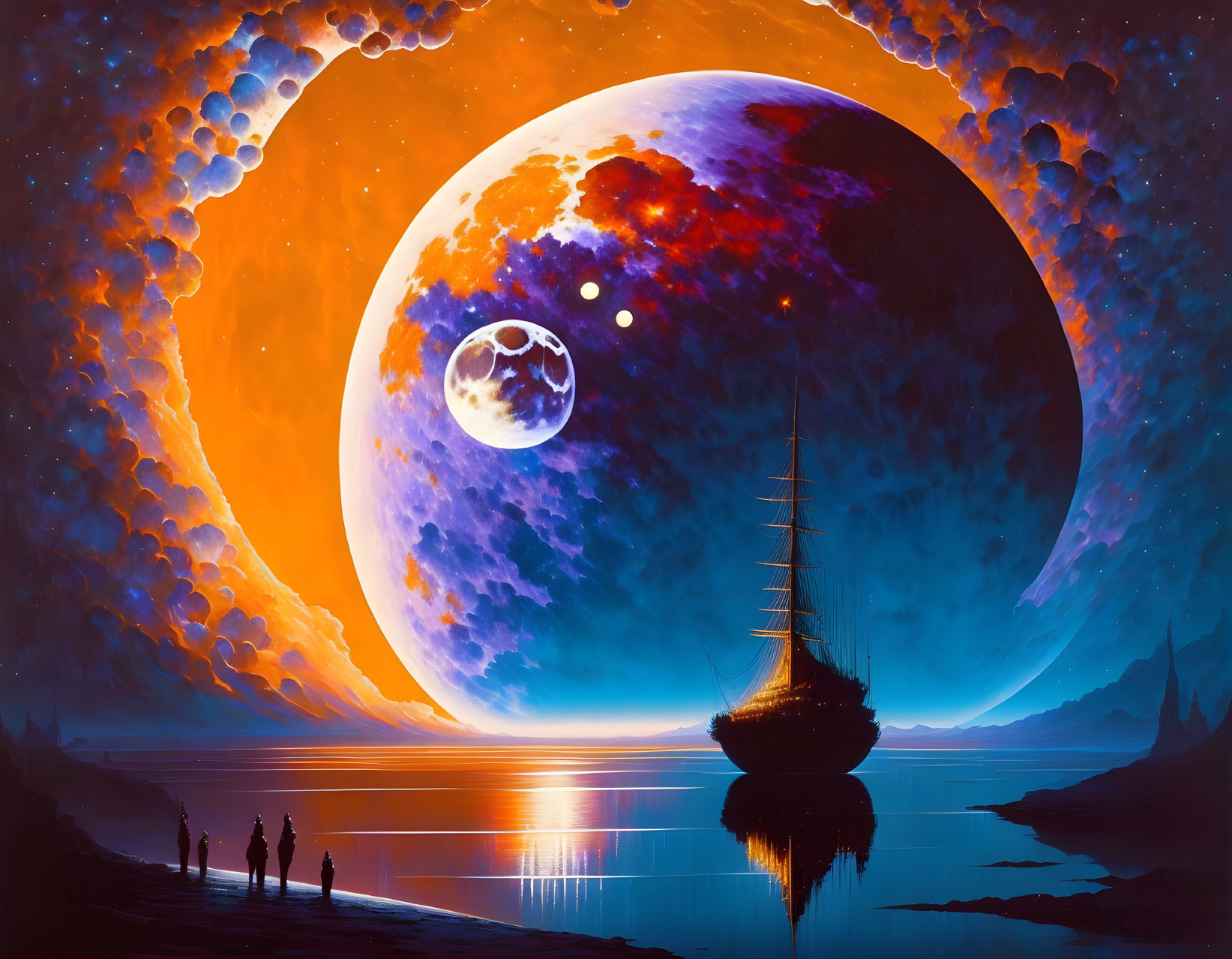 Fantastical landscape with large ship, alien moon, and silhouettes.