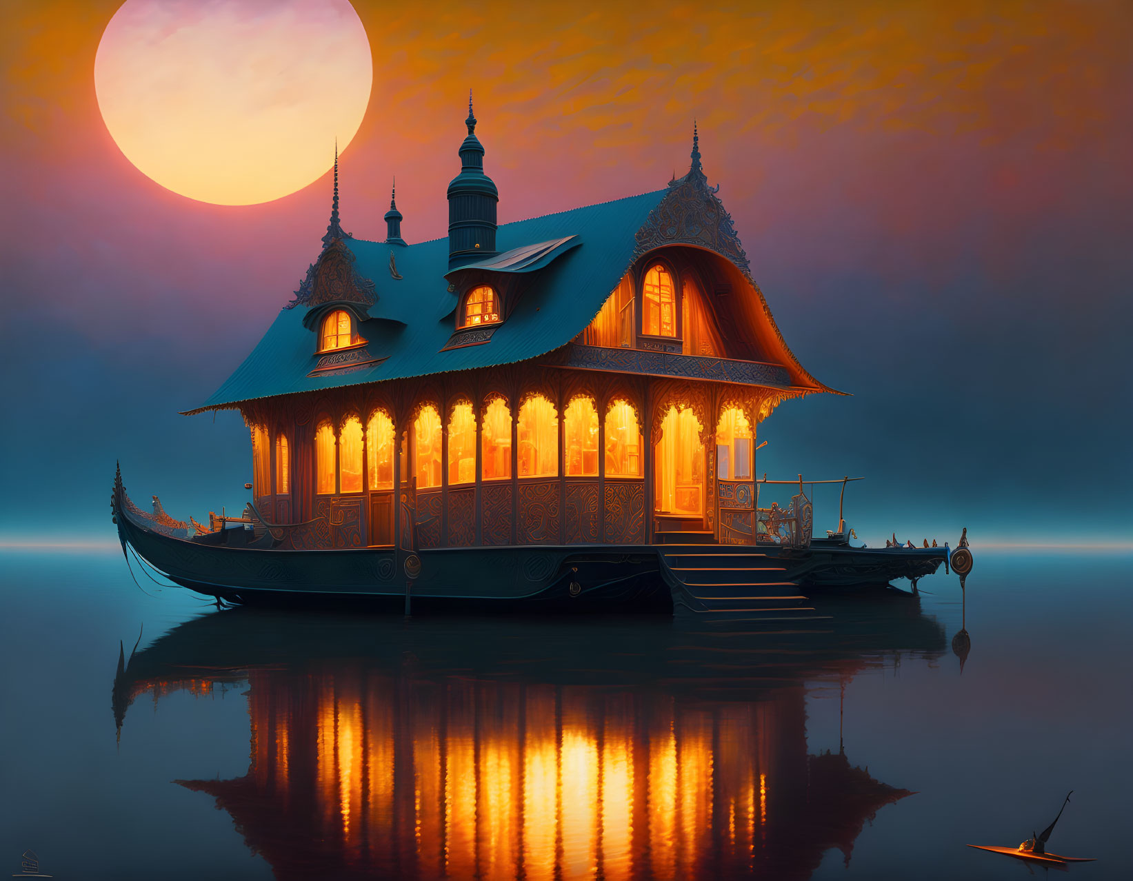 Ornate houseboat on tranquil waters under moon and sunset sky