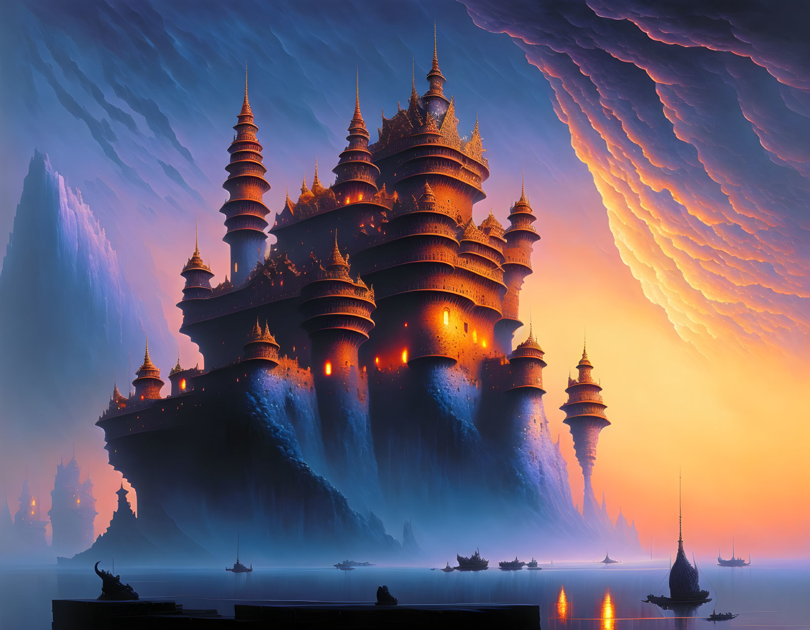 Fantasy castle with glowing spires by ocean at dusk