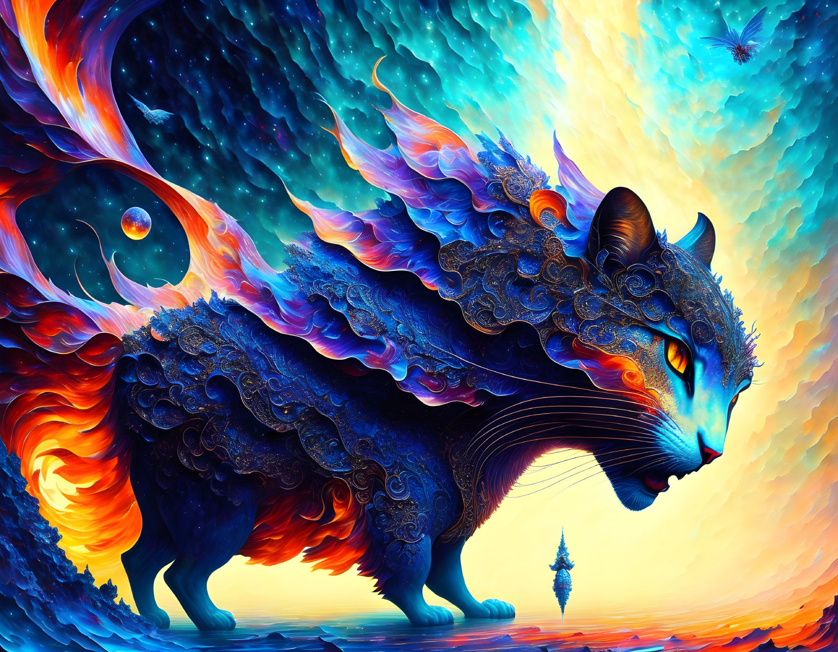 Majestic cat with fiery wings in cosmic landscape