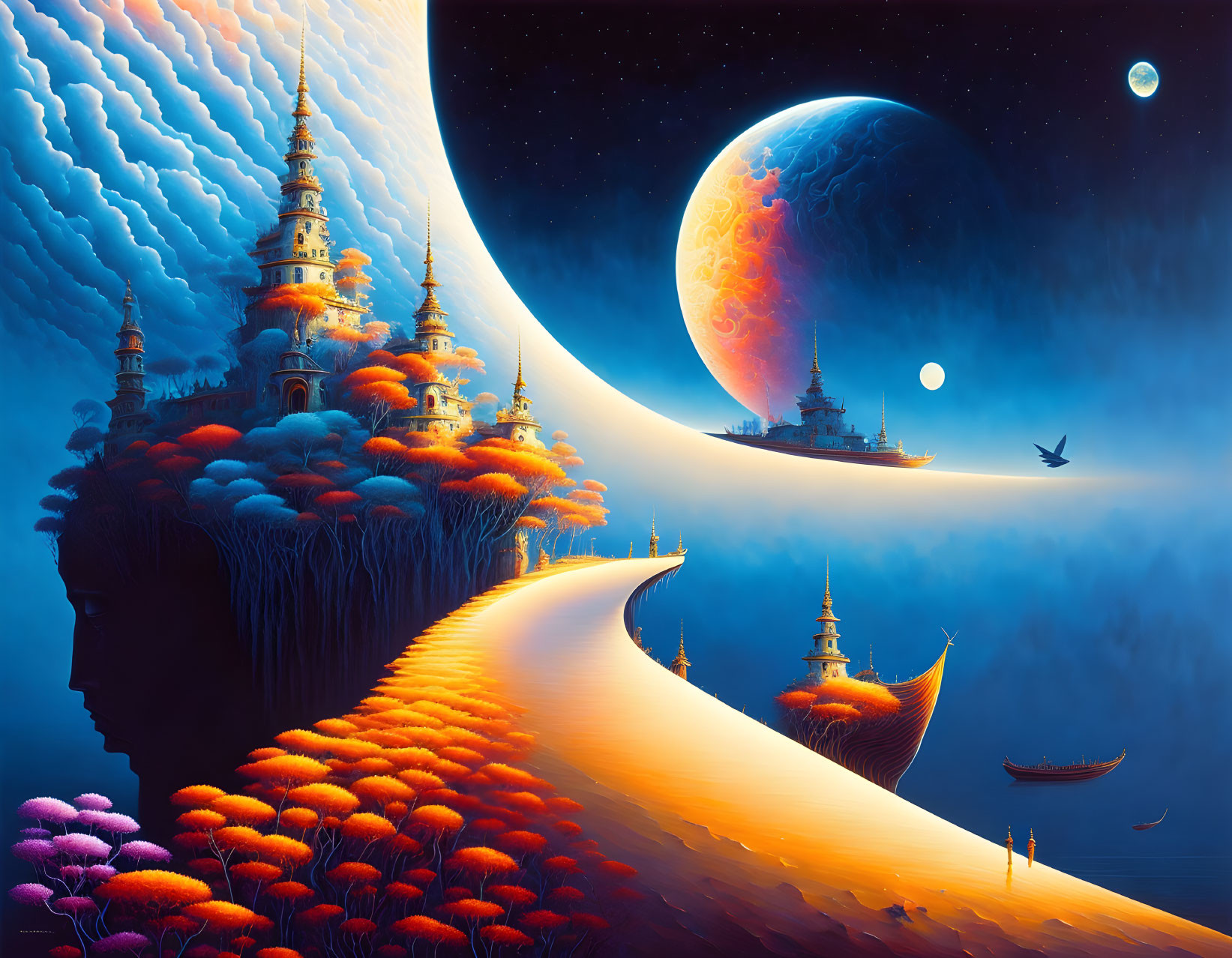 Vibrant fantasy landscape with temples, crescent moon, planetary backdrop, and floating islands.