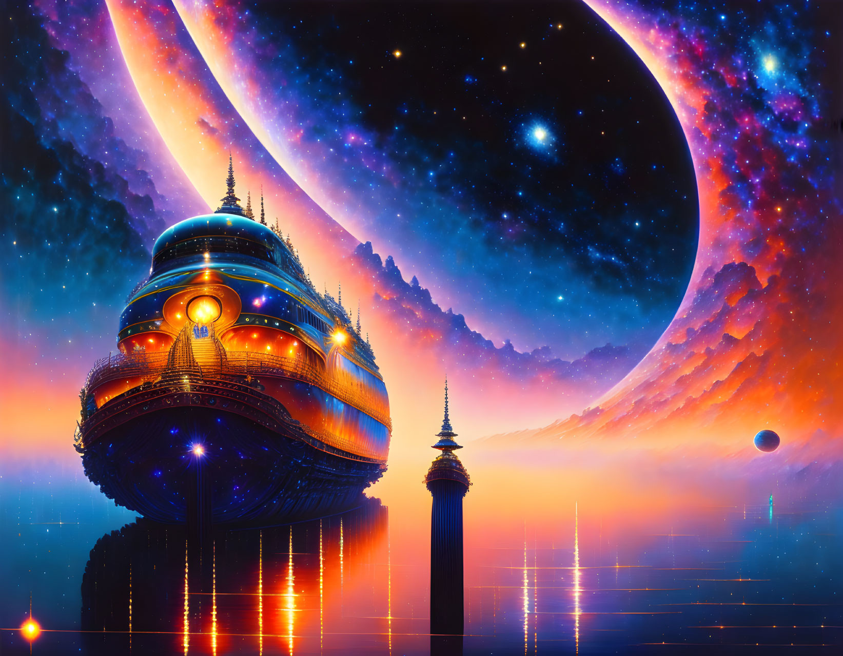 Futuristic floating city in space with planets and nebulas