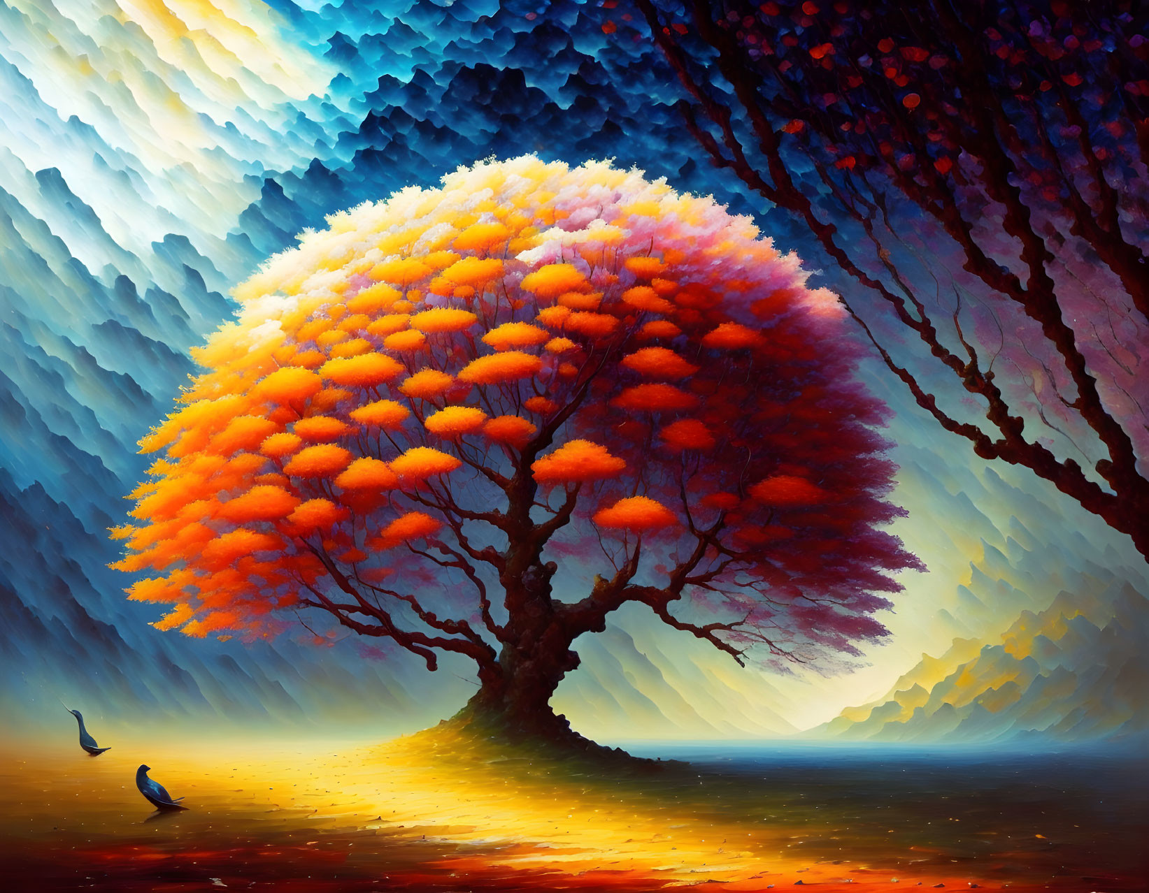 Vibrant Tree Painting with Fiery Leaves on Blue Textured Background