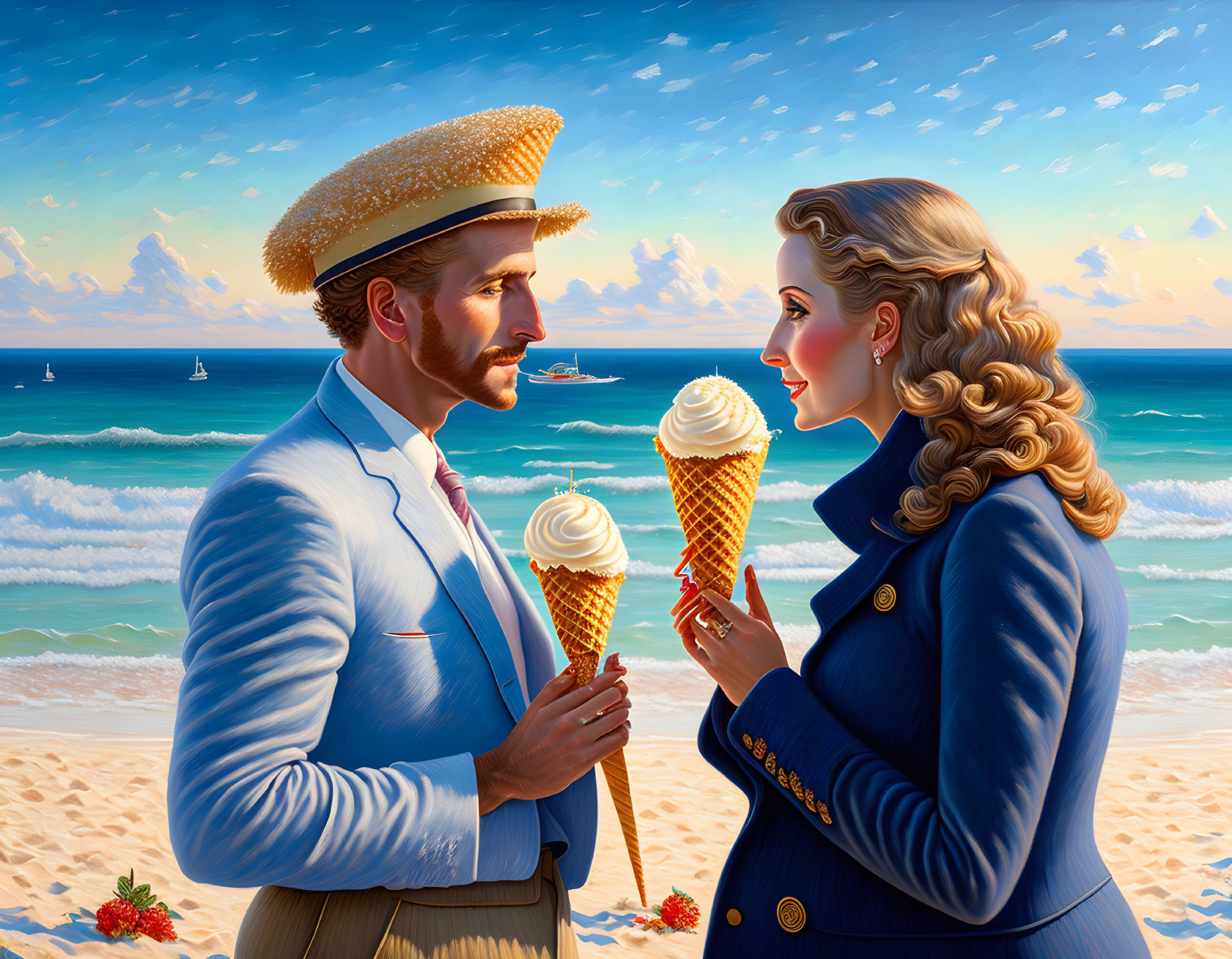 1940s Vintage-style Illustration: Man and Woman in Elegant Attire with Ice Cream Cones