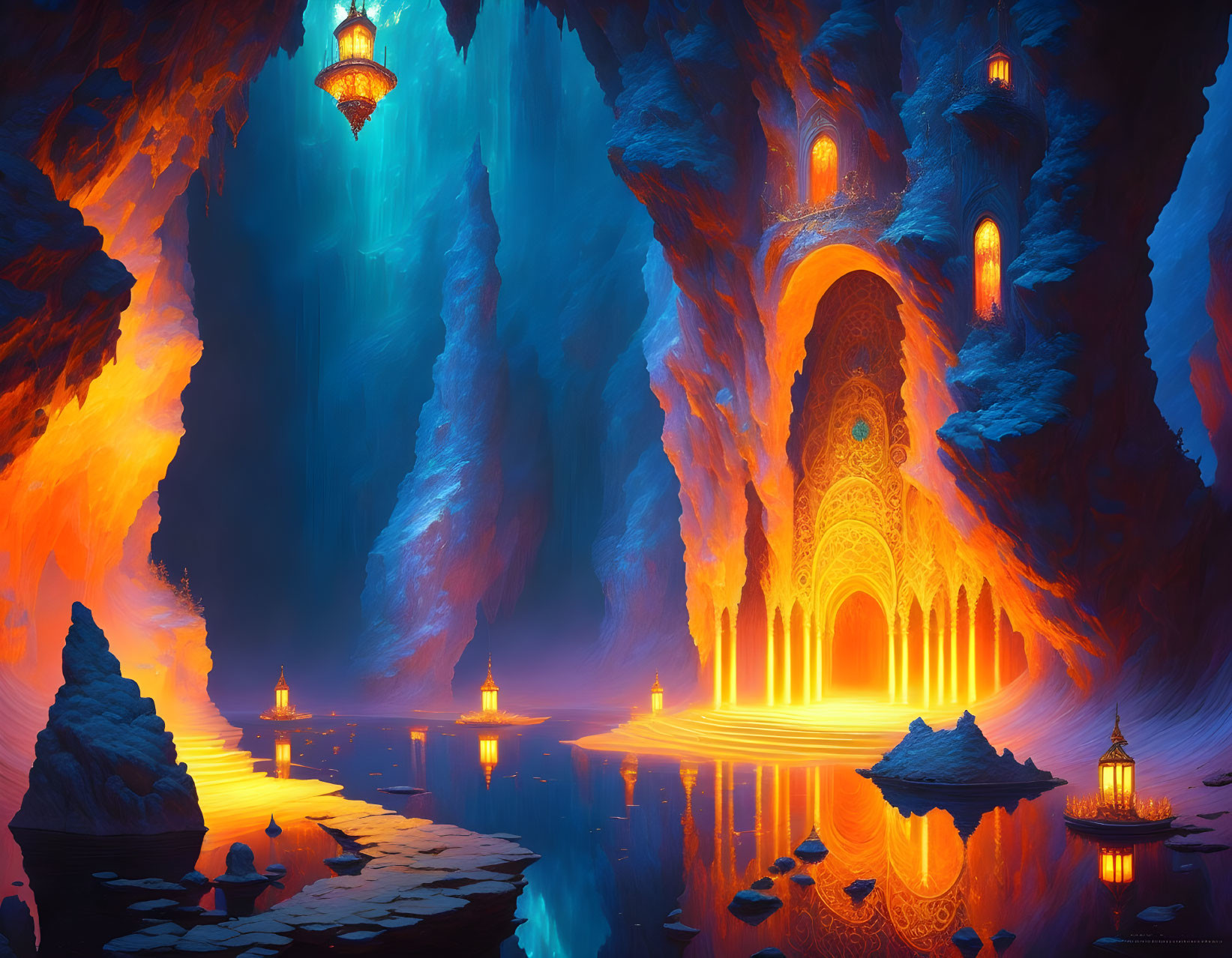 Fantasy cave with luminous lanterns, reflective water, and ornate golden doorway