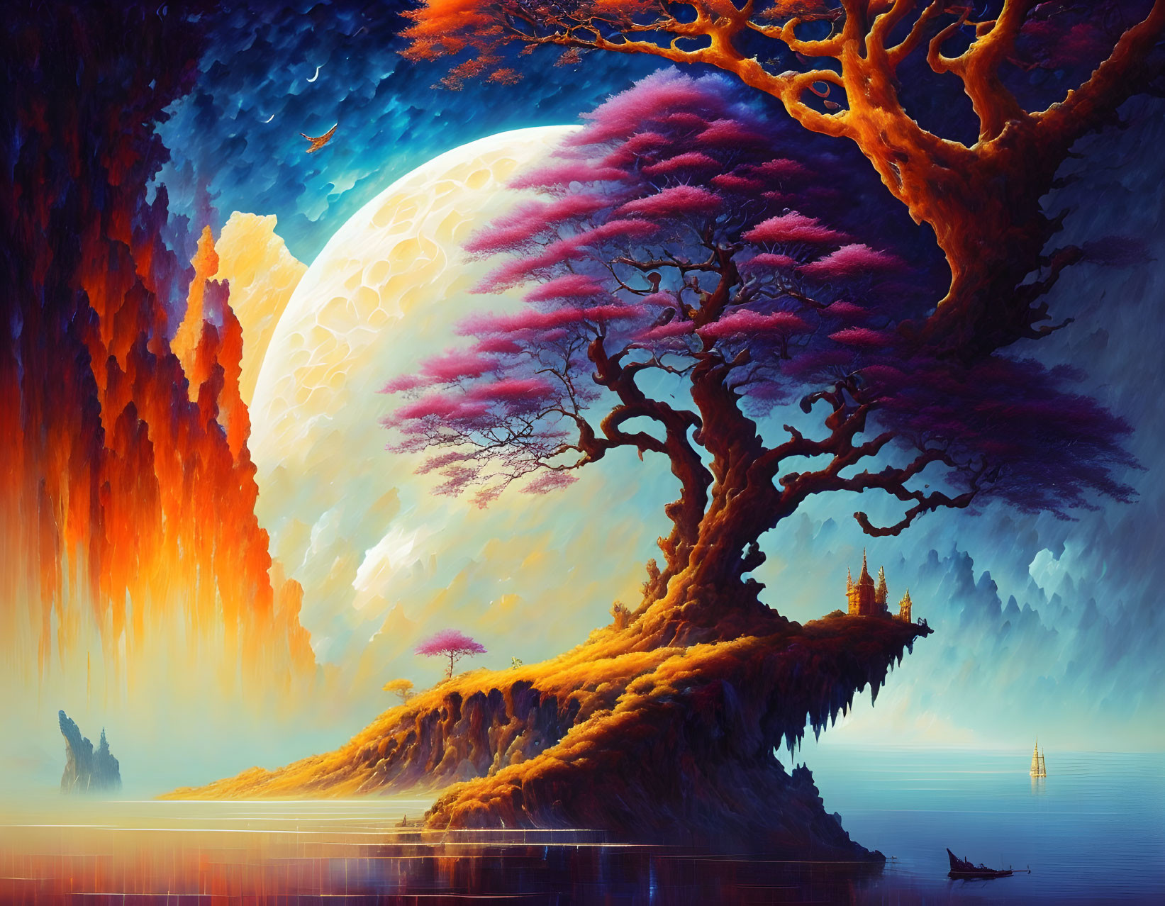 Colorful Tree on Cliff Overlooking Tranquil Sea & Massive Moon