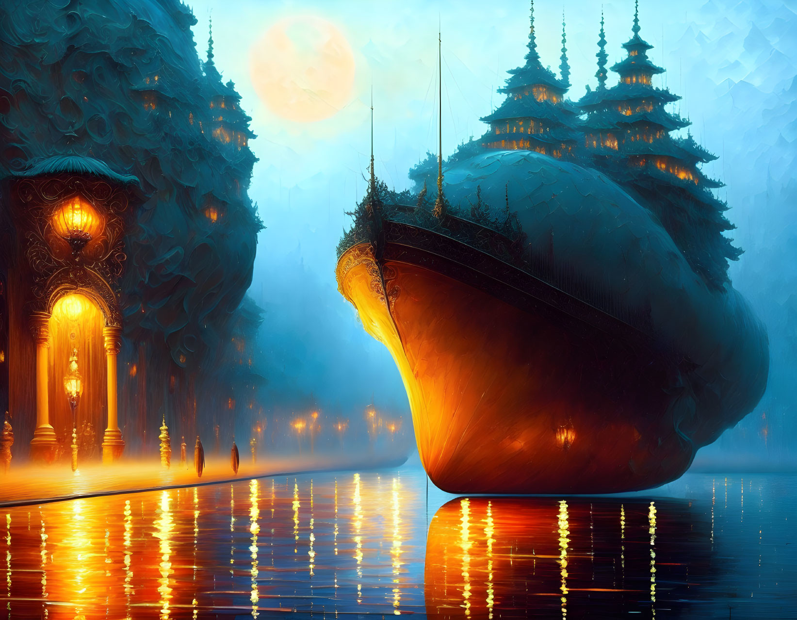 Floating island with forest, pagodas, full moon, silhouettes by lantern-lit water