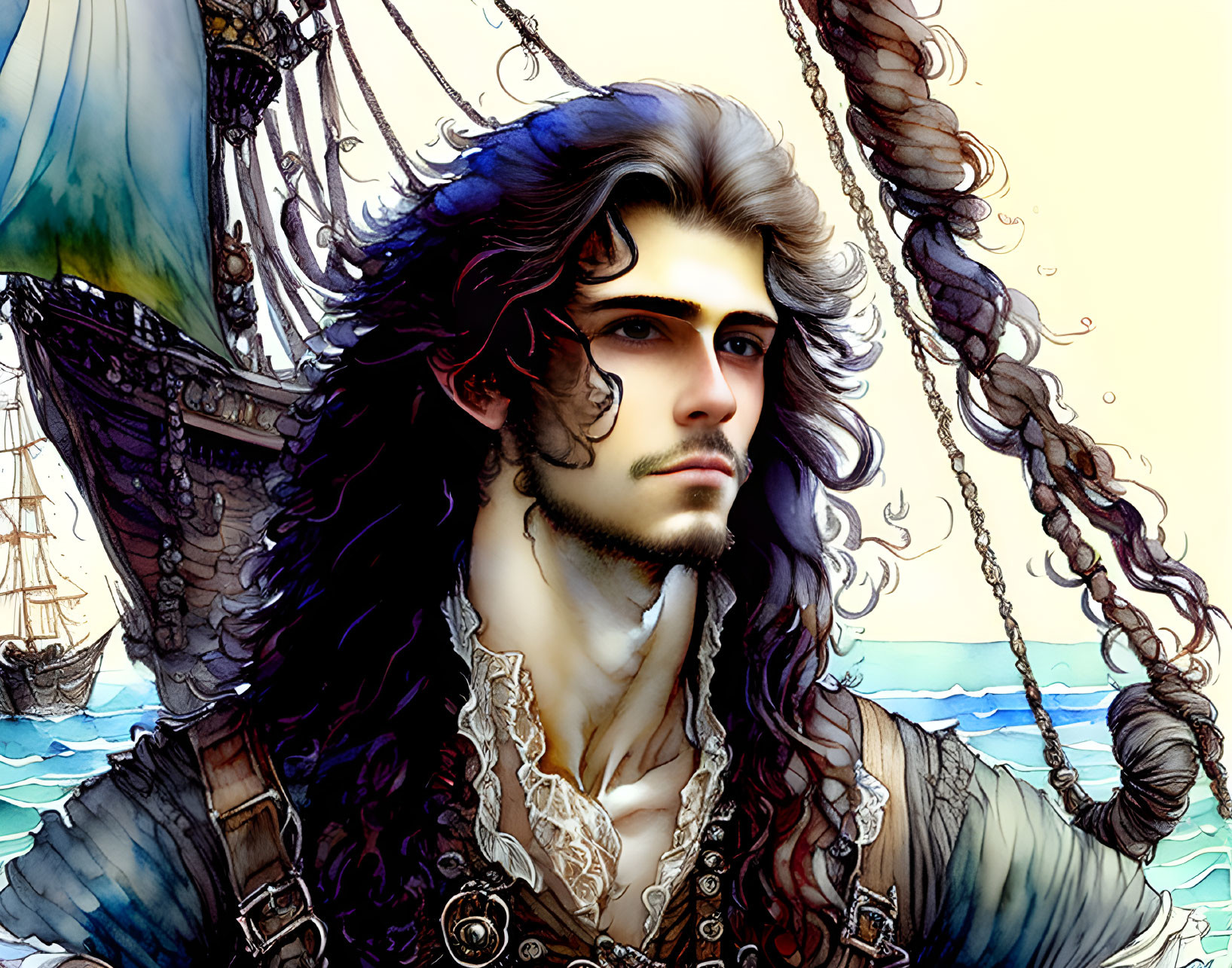 Illustration of a pirate with long curly hair and scar standing in front of a ship