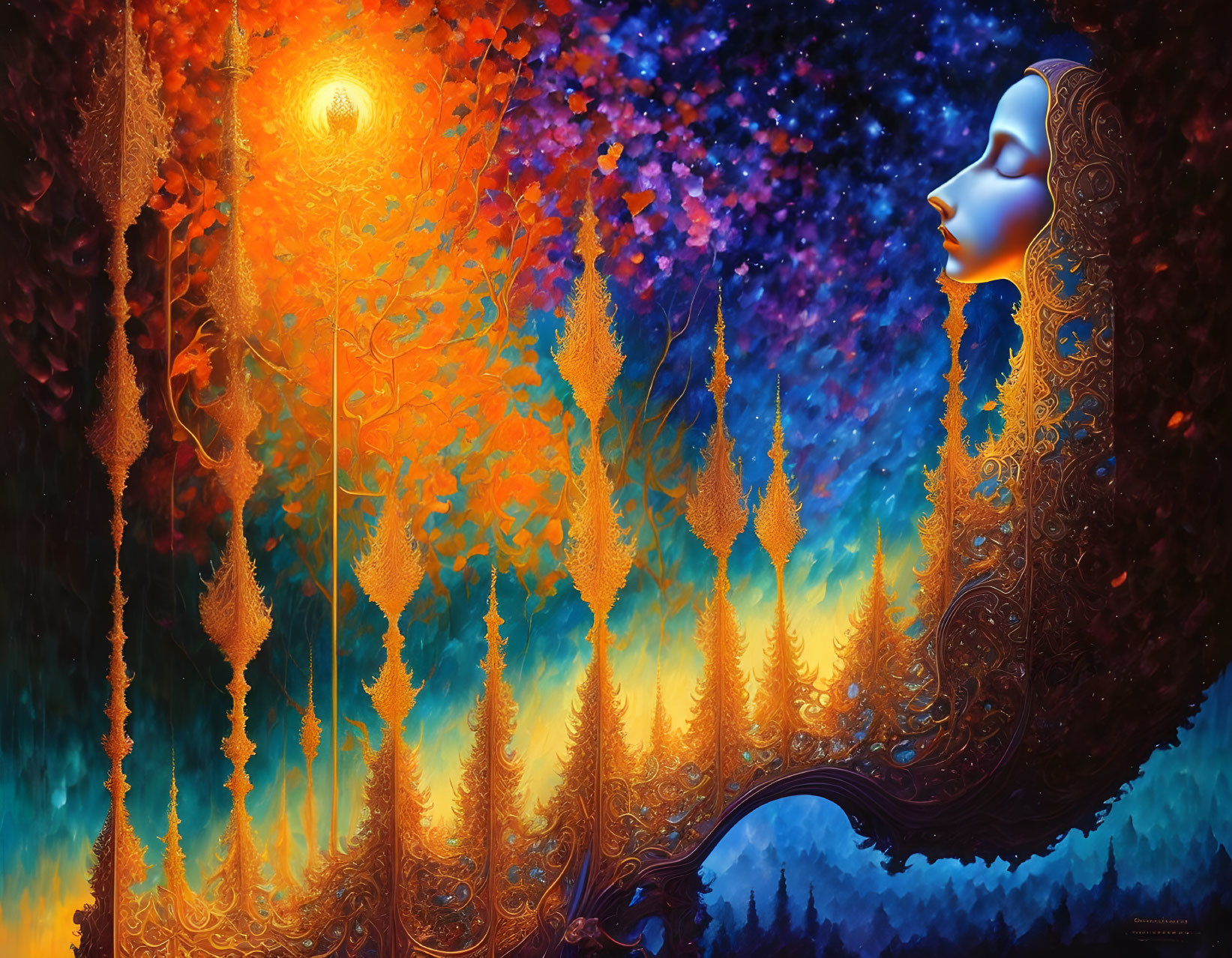 Digital artwork: Surreal face profile in dreamlike forest landscape