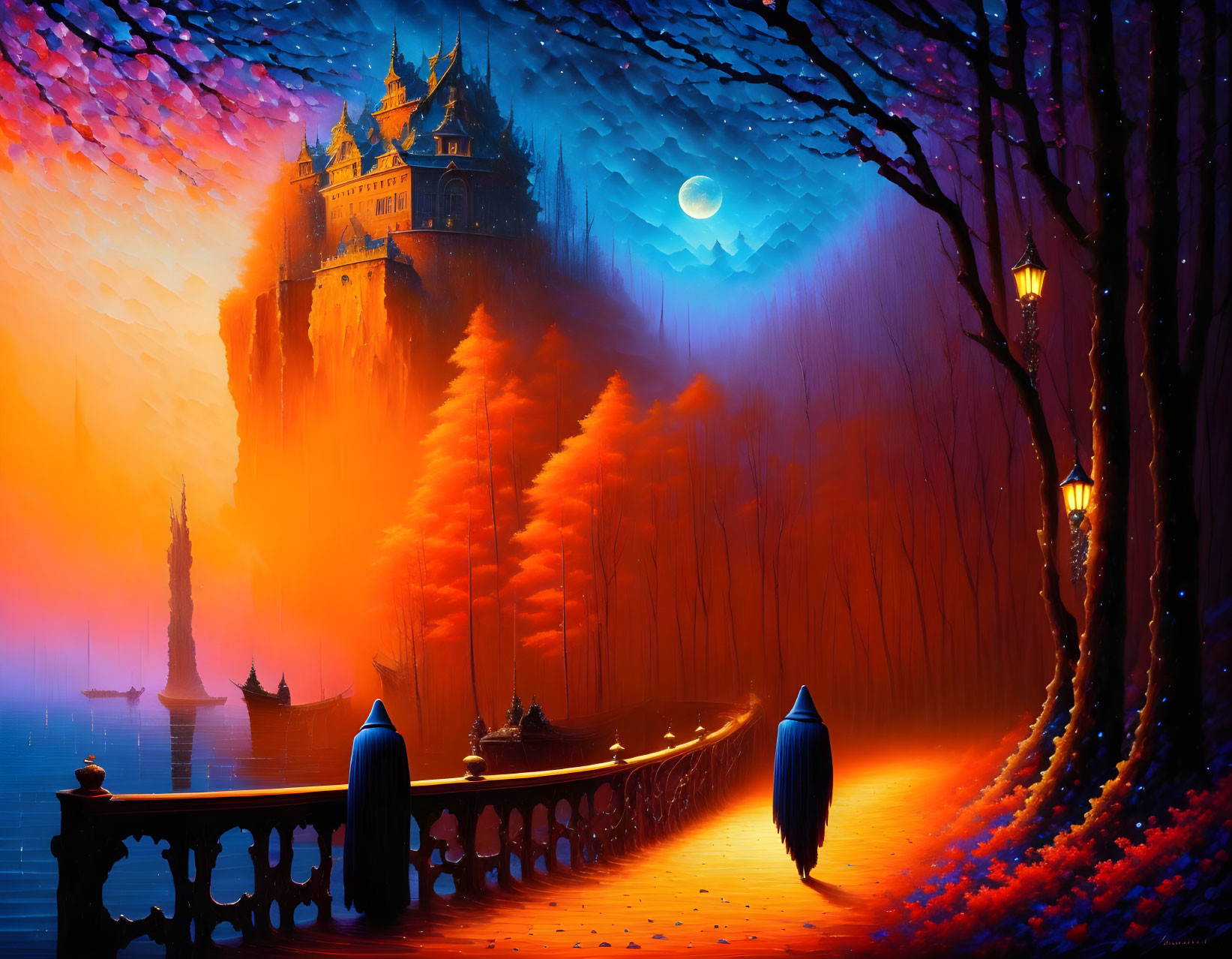 Fantasy landscape with castle on cliff, moonlit sky, reflective lake, bridge with lanterns,