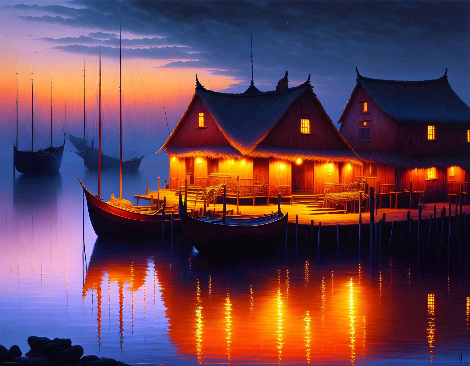 Tranquil lake scene at twilight with sailboats, docks, and waterfront cabins.