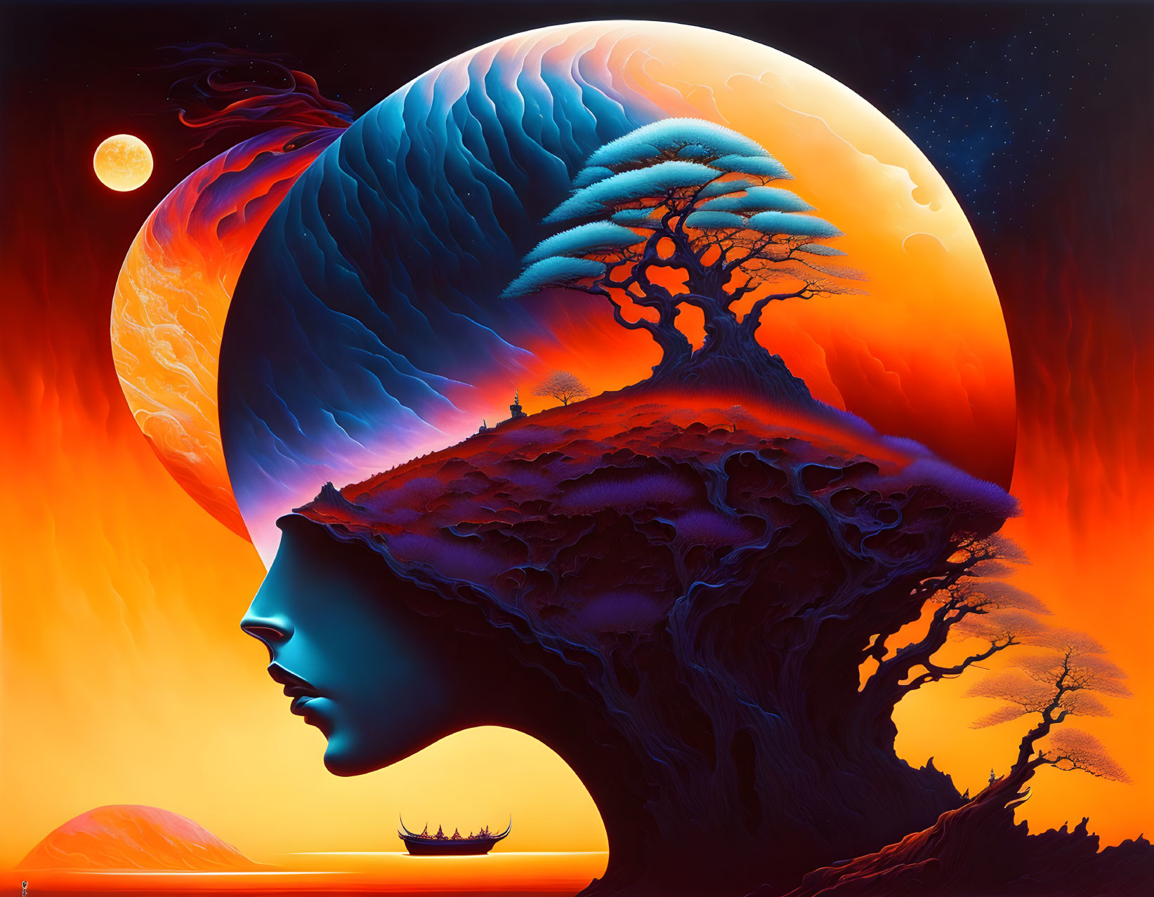 Surreal artwork: face silhouette merging with tree on cliff, moon & fiery sky