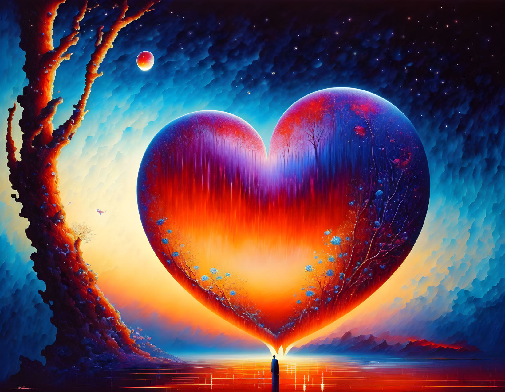 Colorful Heart-Shaped Tree Painting with Couple at Sunset