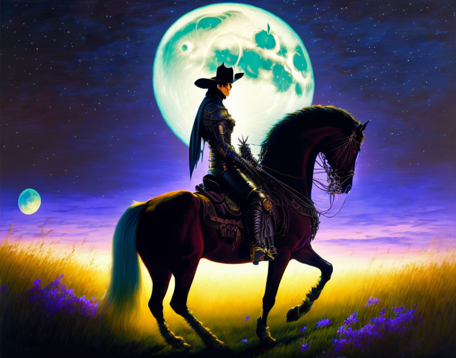 Silhouetted figure on horse in twilight field with lunar patterned moon