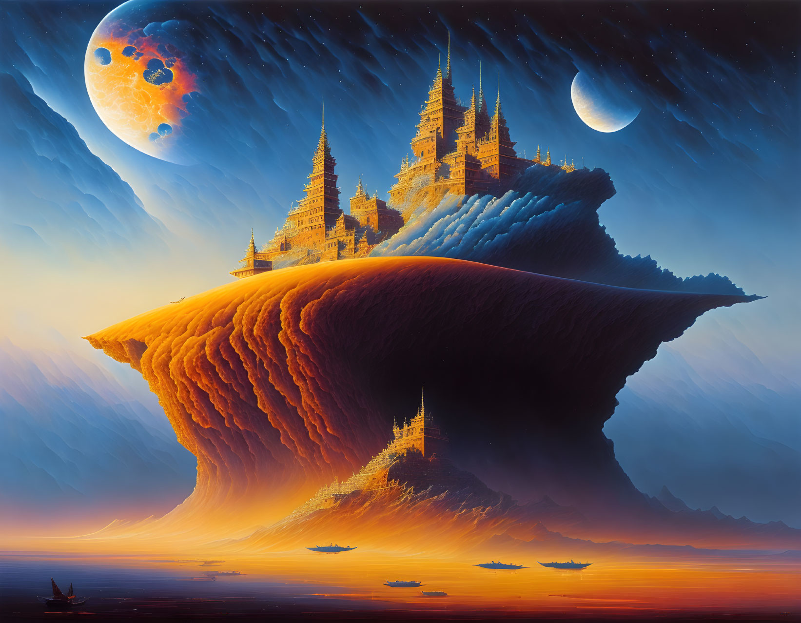 Fantastical painting: Castle on floating island under alien sky