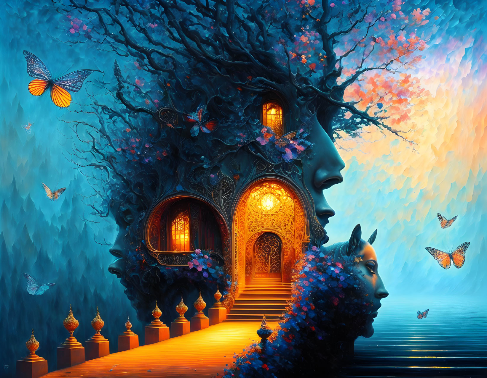 Colorful tree-shaped woman's head with door, butterflies, man's face in profile in mystical glow