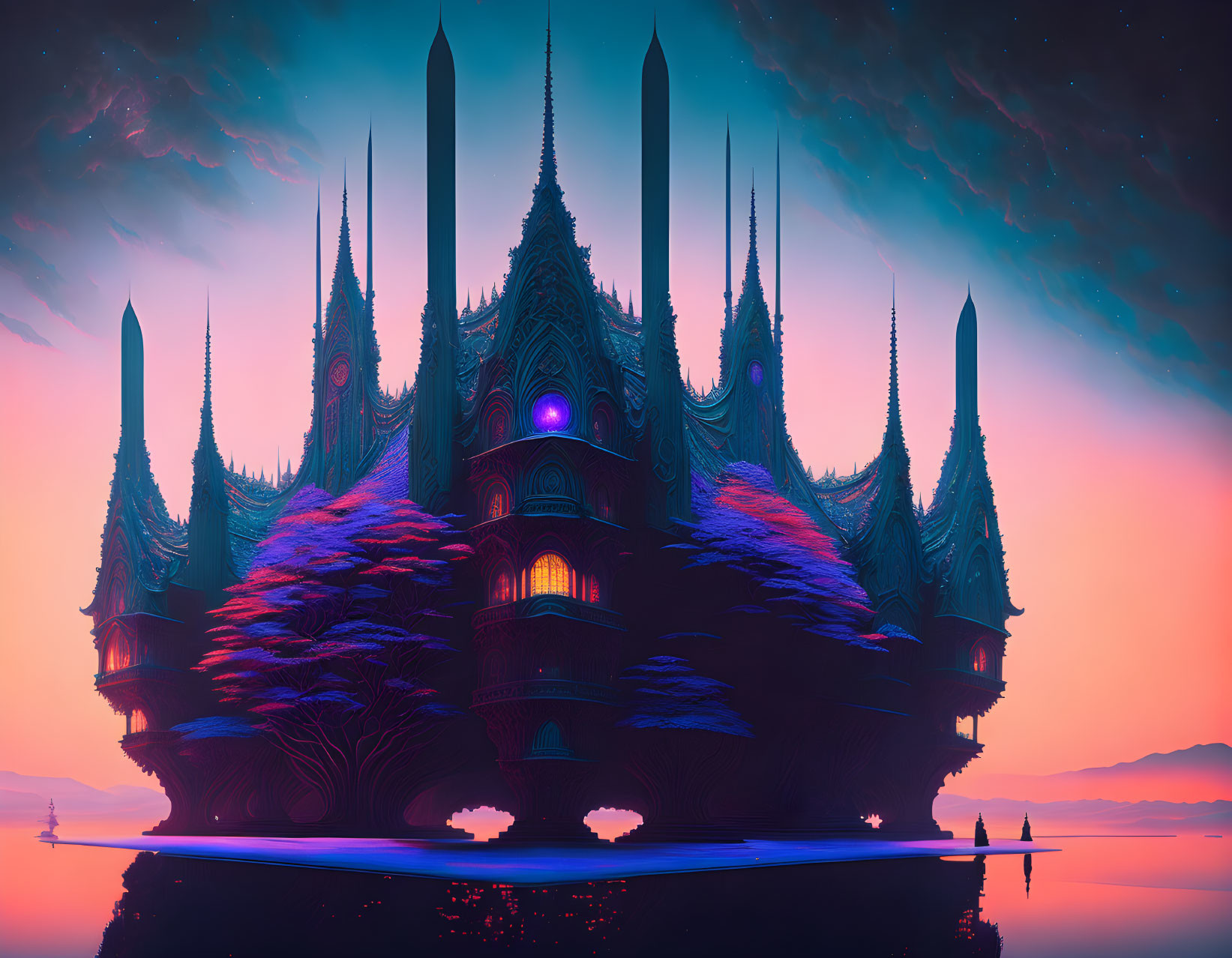 Fantastical neon-lit castle on tranquil water at dusk