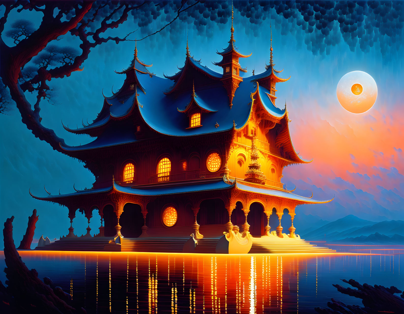 Ornate multi-tiered pagoda by tranquil lake under amber moon