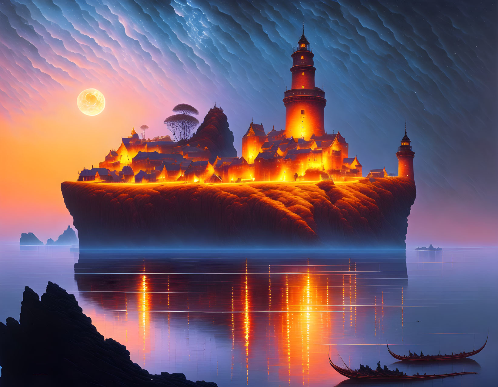 Moonlit floating island with illuminated buildings and boat under dramatic sky