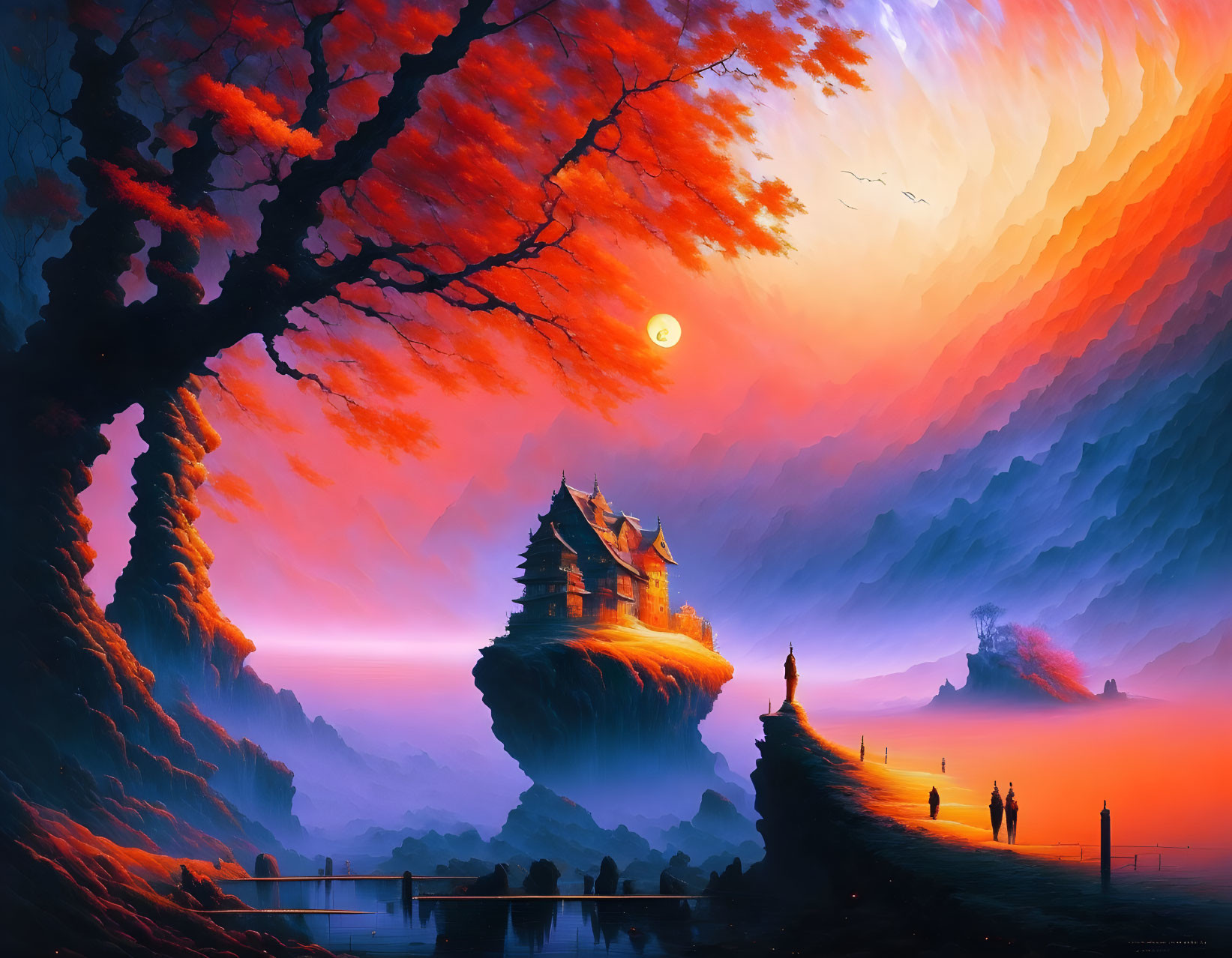 Digital artwork: Serene sunset landscape with Asian pagoda, silhouetted figures, reflective lake