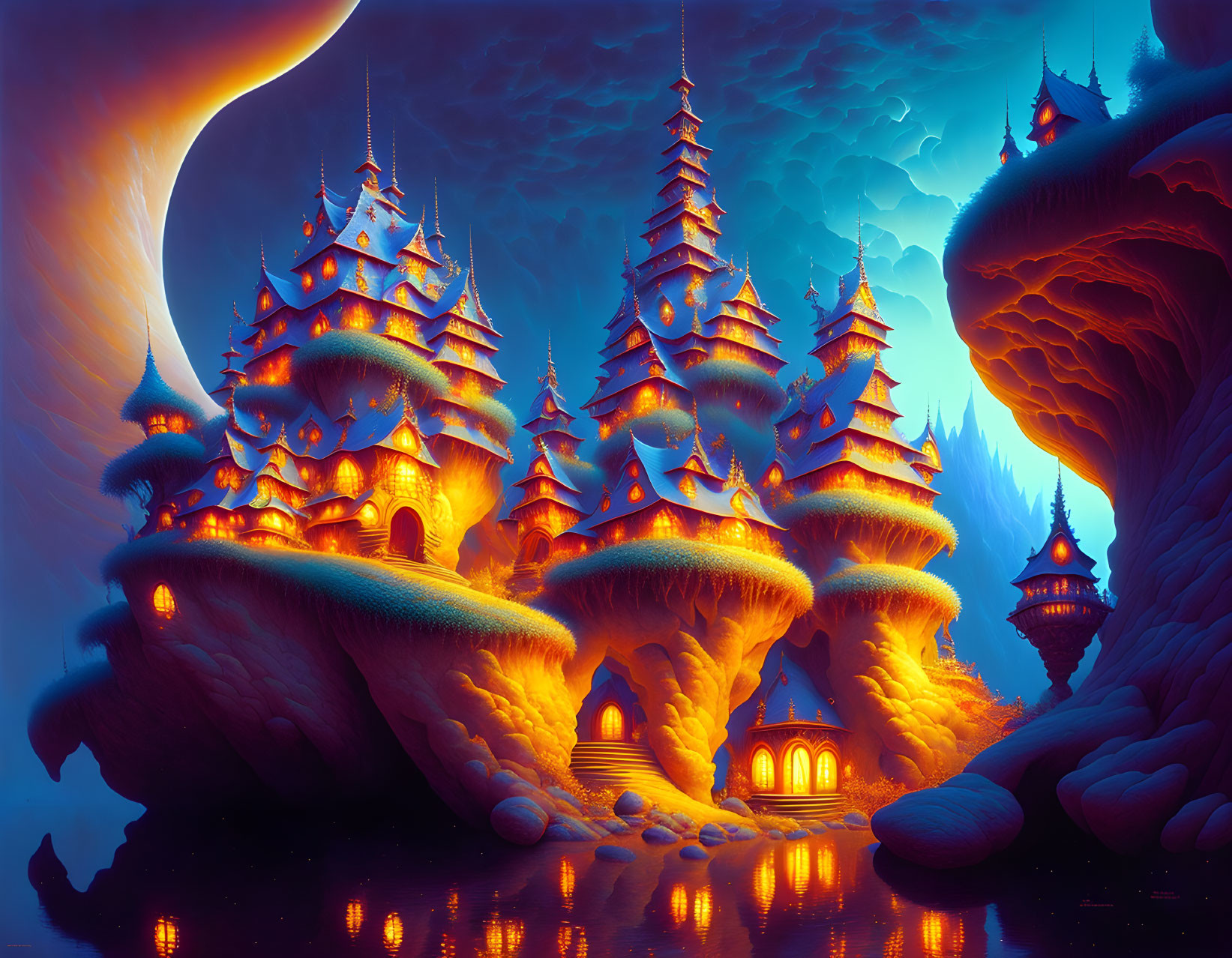 Fantastical glowing castle in mushroom structures under twilight sky