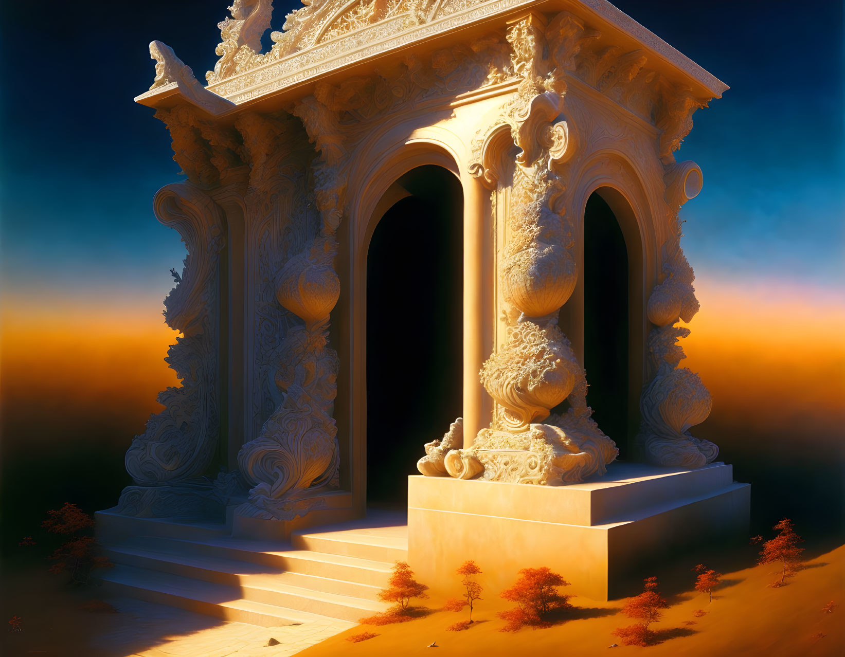 Golden ornate structure with intricate carvings against twilight sky.