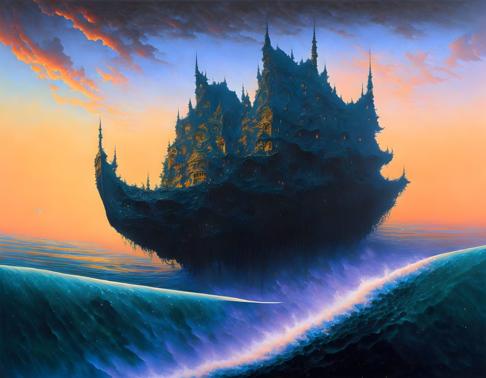 Elaborate ship with towering spires sailing on wavy ocean at sunset