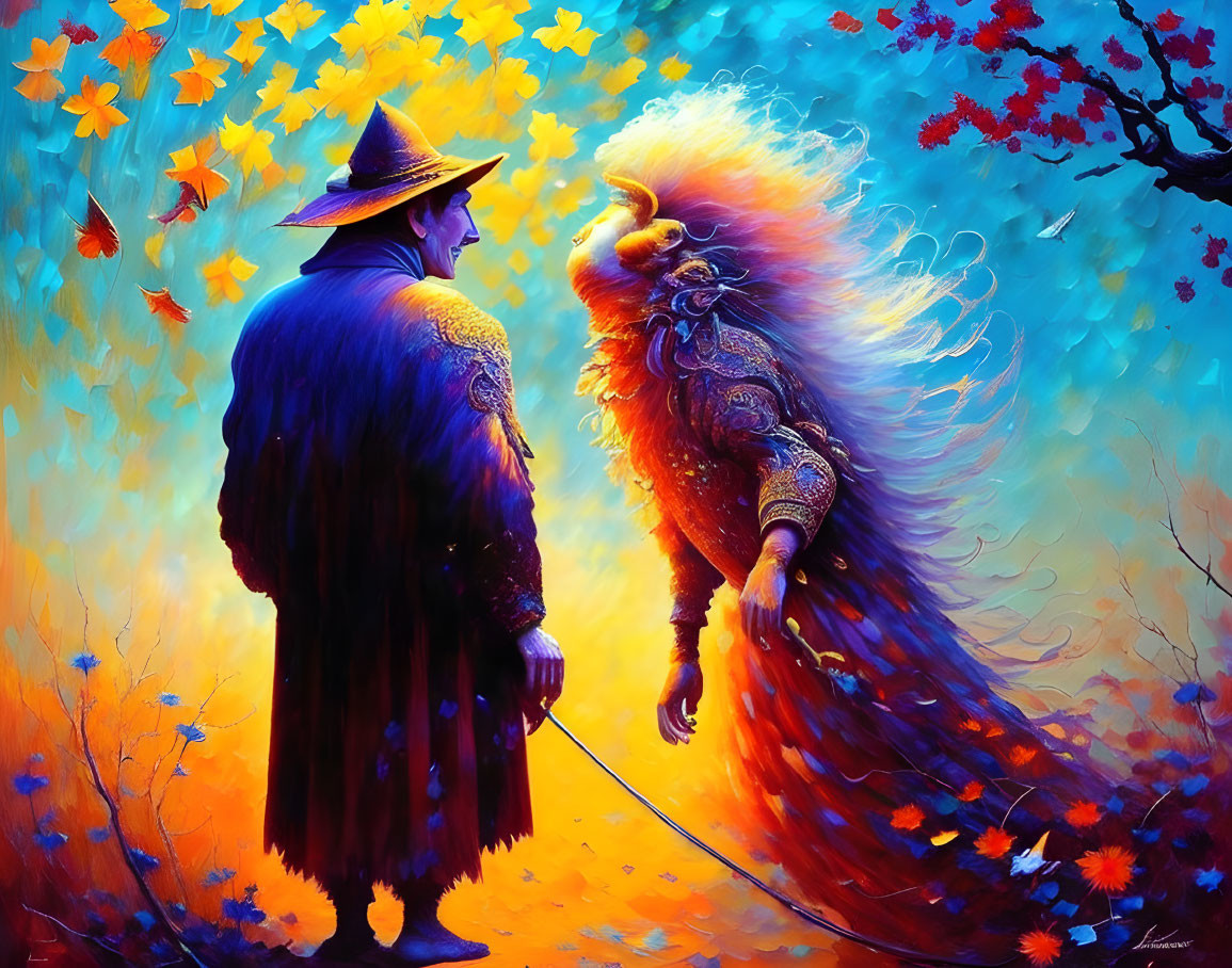 Person in traditional attire faces fiery bird in colorful forest