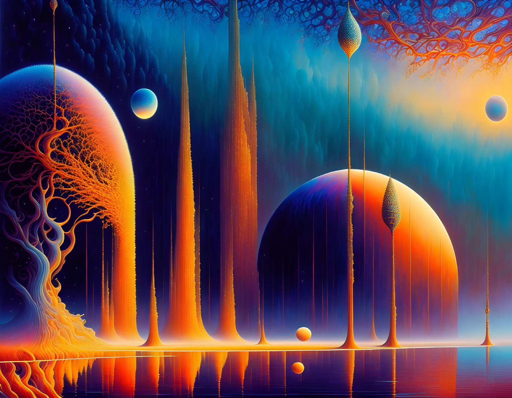 Surreal landscape with fiery trees and glowing orbs