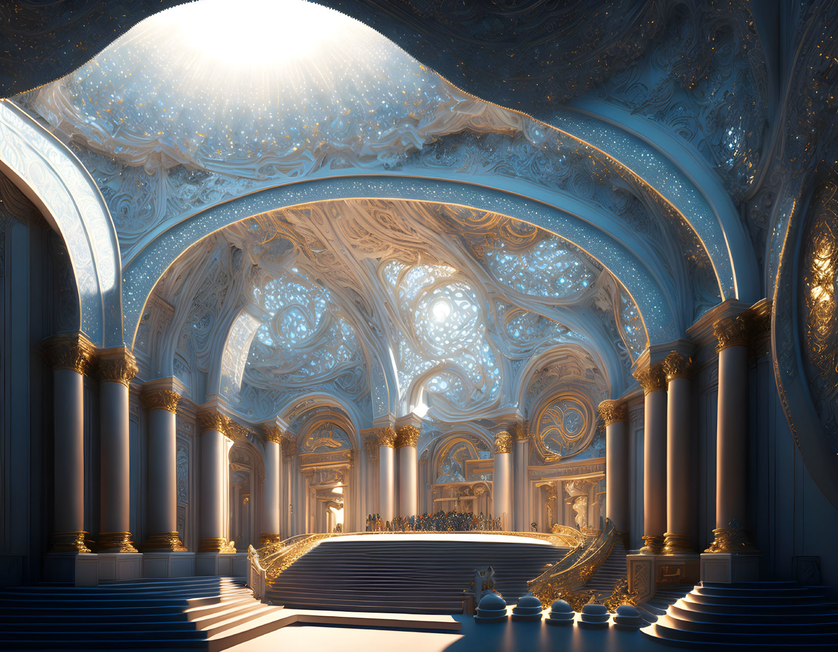 Luxurious Hall with Golden and Blue Designs, Majestic Columns, Grand Staircase, Radiant