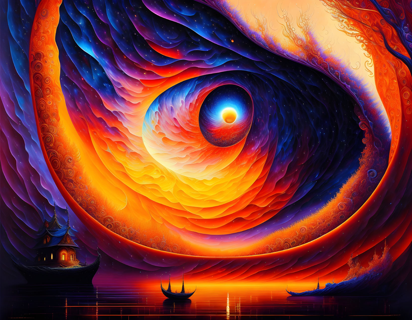 Colorful surreal artwork: Swirling cosmic eye over serene sea