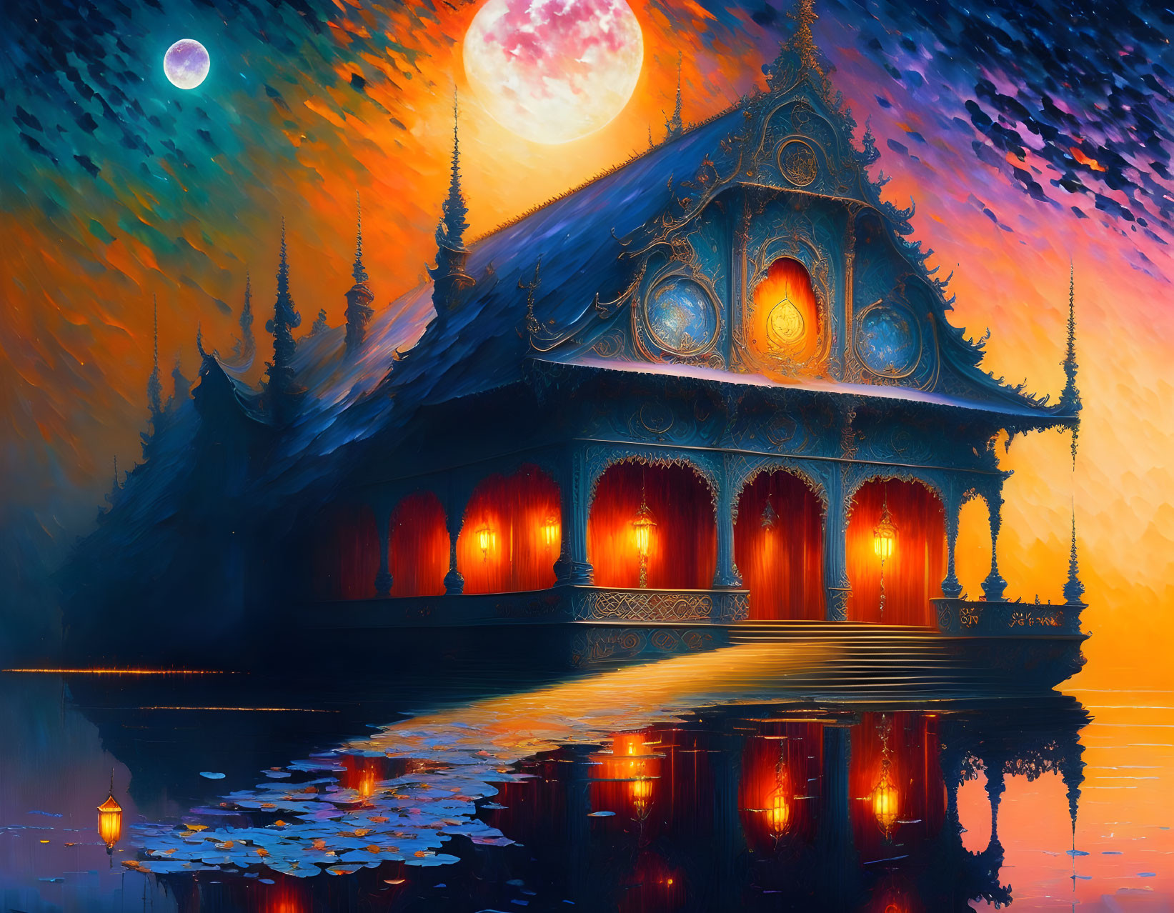 Colorful artwork: Traditional temple by lakeside with pink moon & vibrant sky