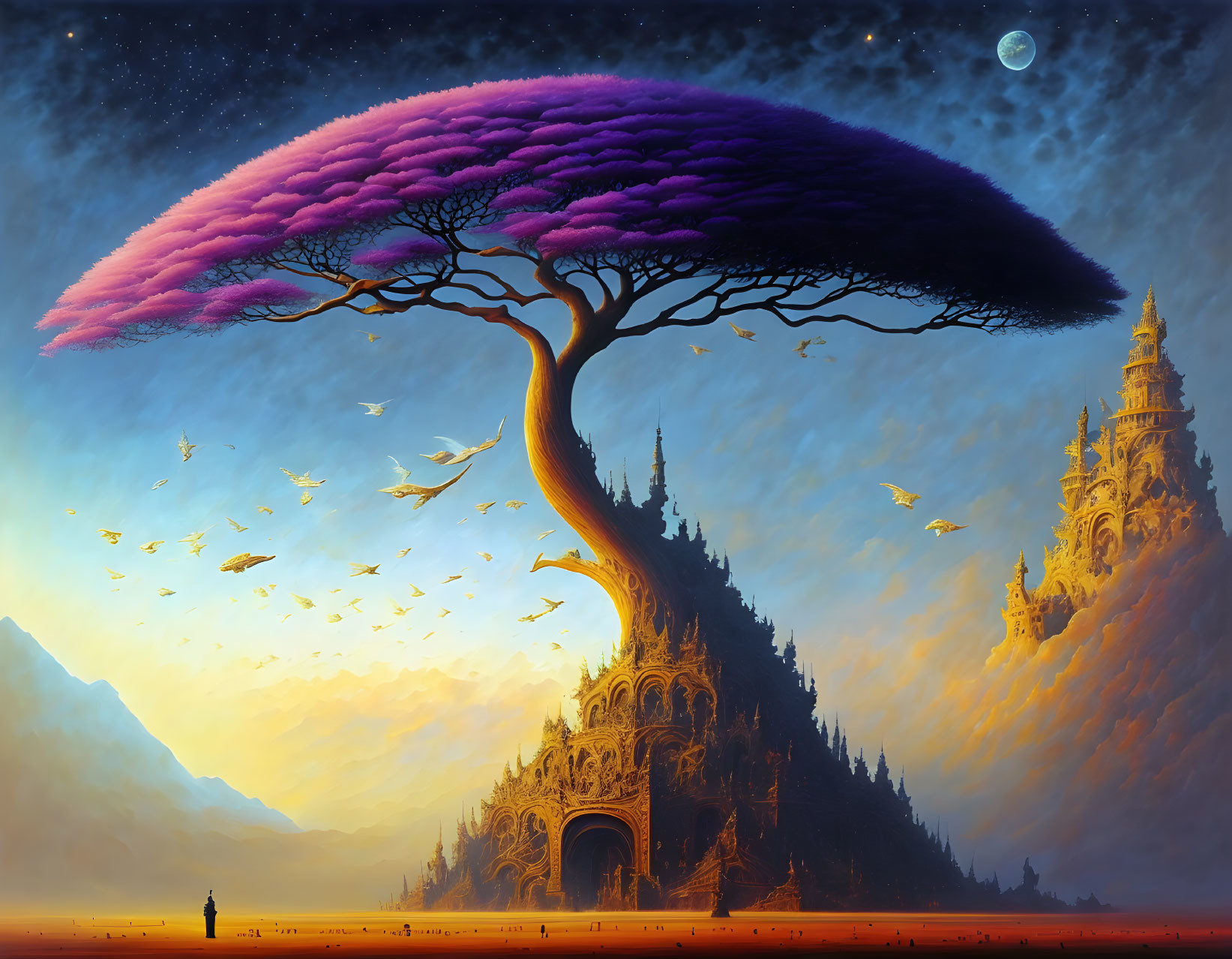 Surreal landscape with massive purple tree, carved tower, birds, figure, and distant planet.