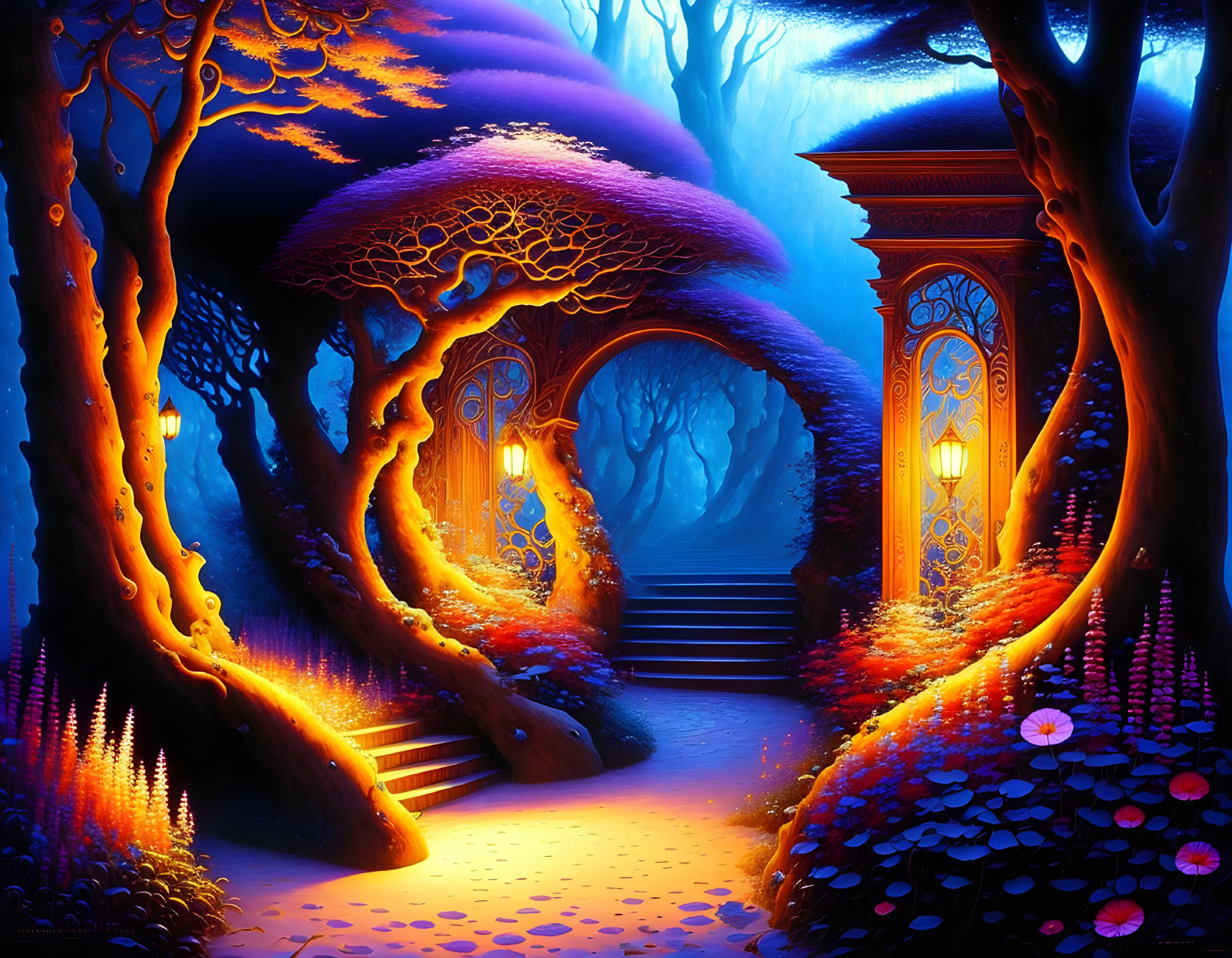 Colorful Fantasy Night Landscape with Glowing Trees and Stairway