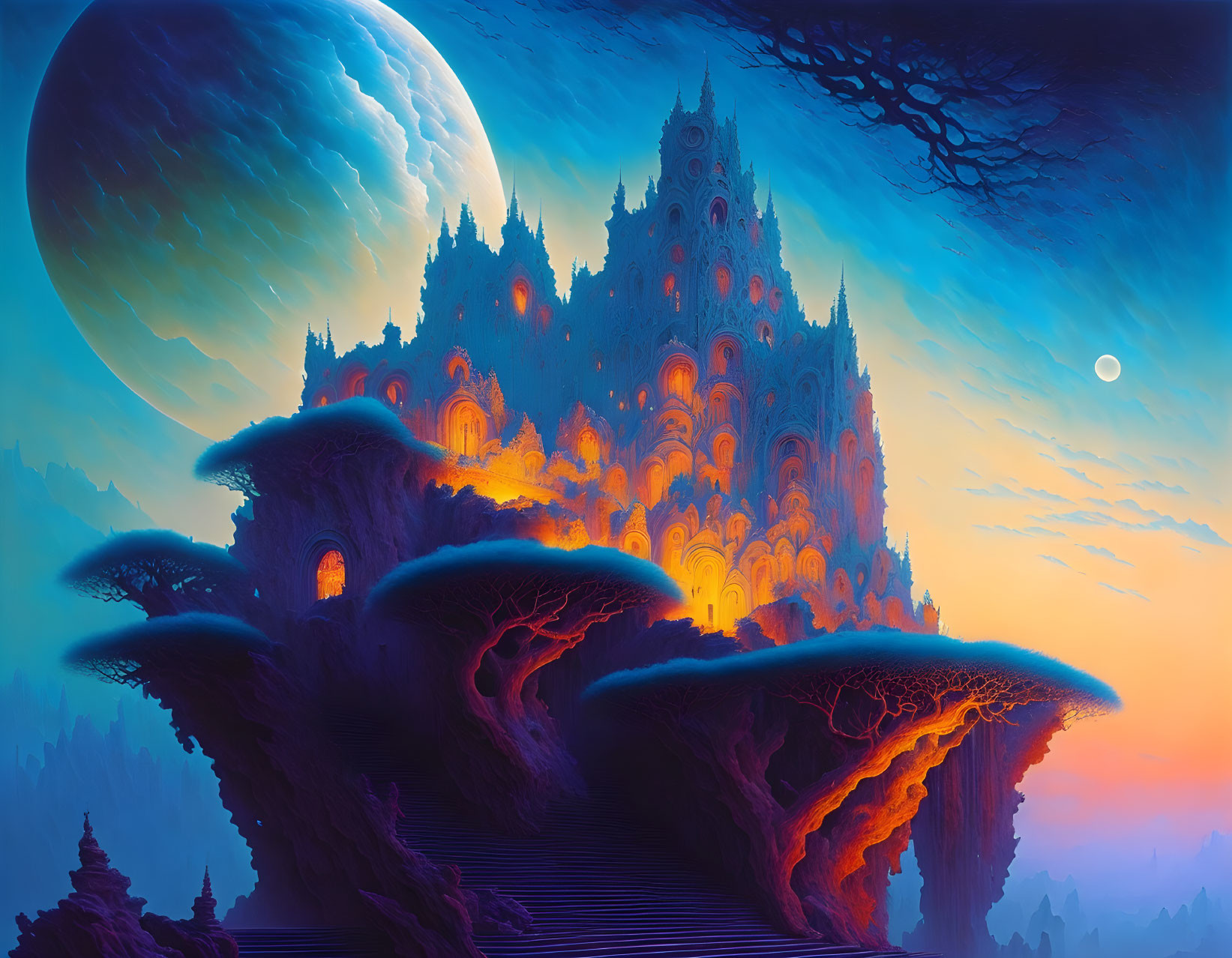 Fantasy landscape with castle on mushroom trees under moonlit sky