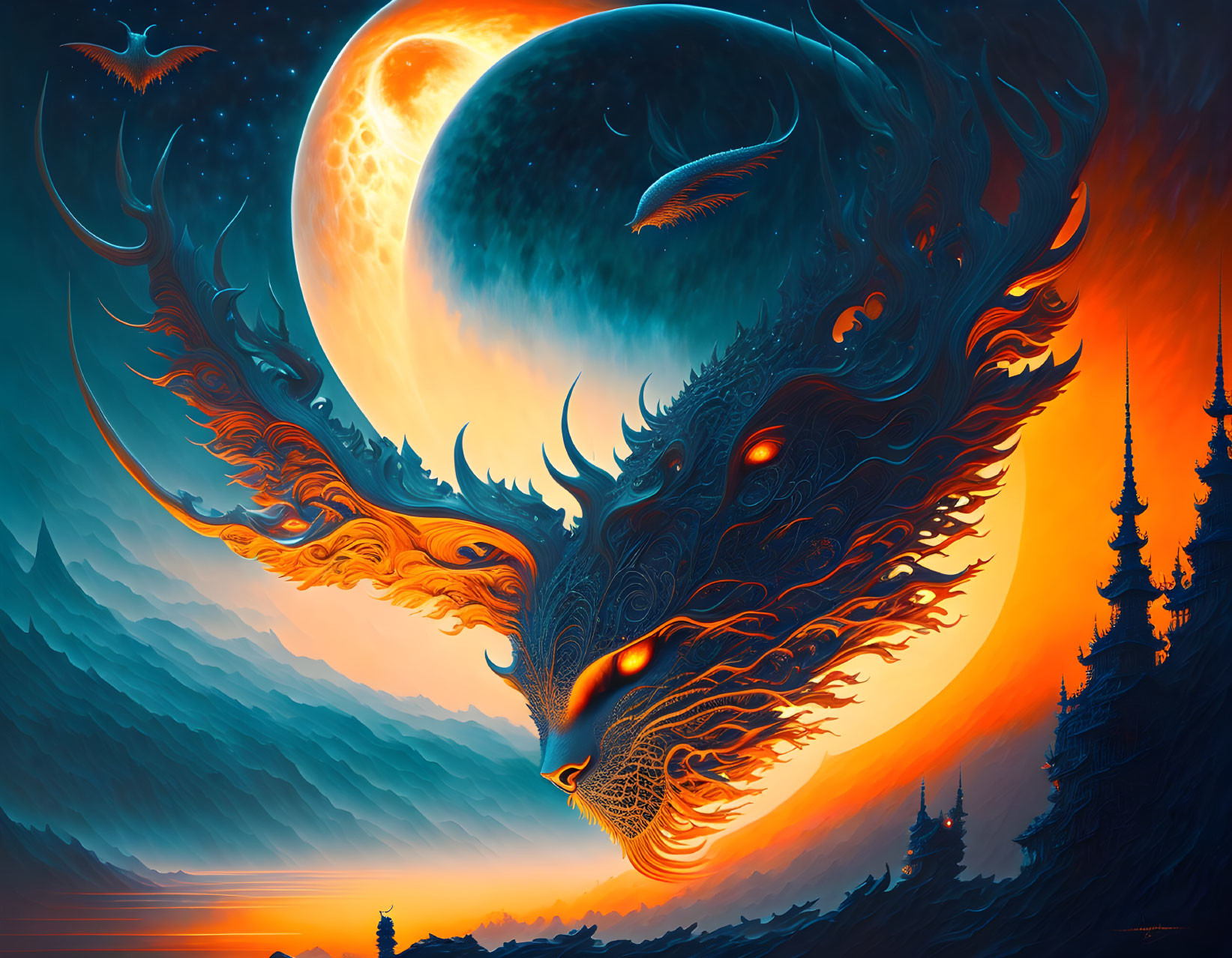 Majestic dragon-like creature in fantasy artwork with elaborate wings and colossal moon