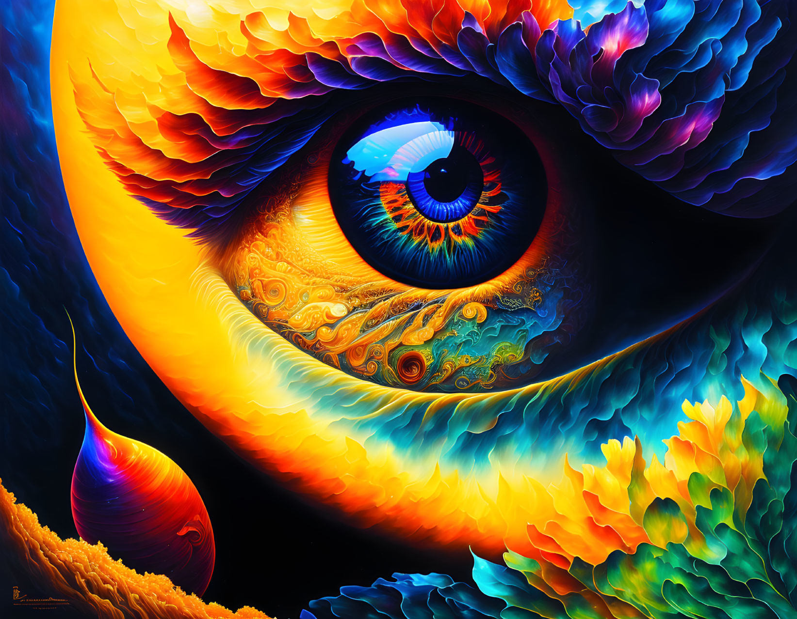 Colorful Abstract Painting: Eye with Flame-Like Patterns and Fish