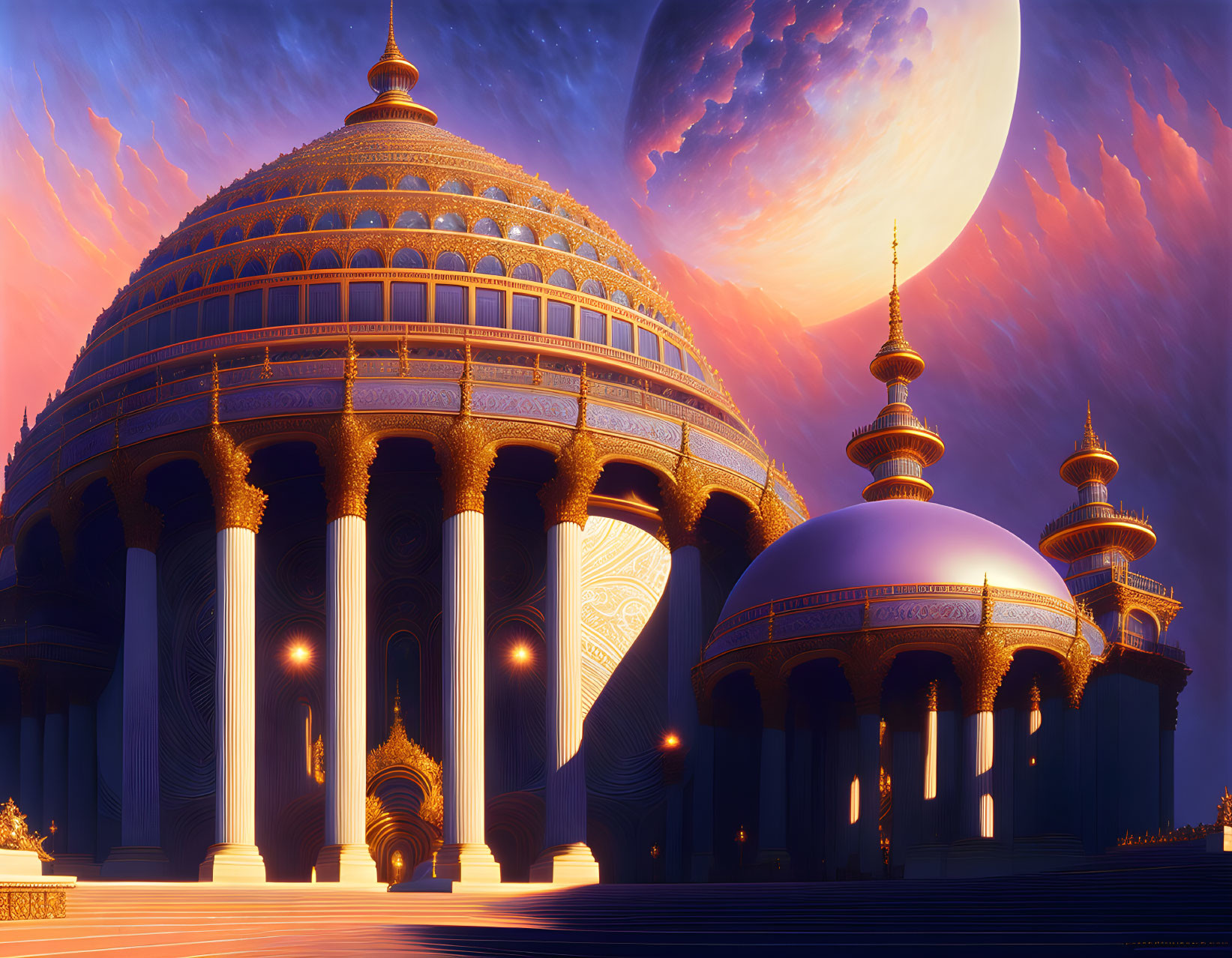 Palace with domes and intricate designs under a celestial sky