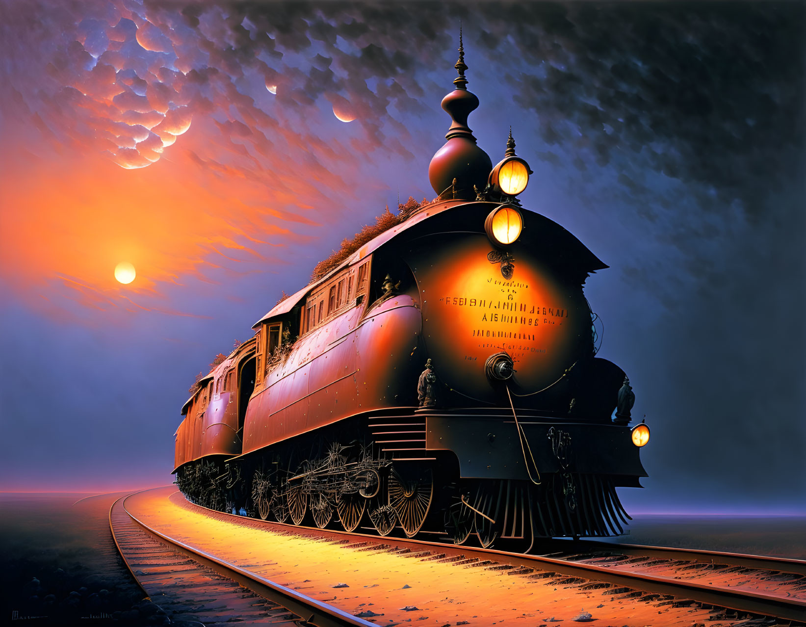 Classic Steam Train on Tracks at Sunset with Dramatic Sky